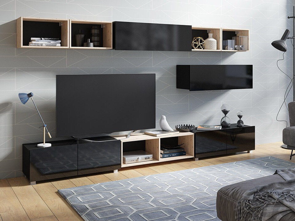 Wohnzimmer-Sets Tivdalu 146 (Schwarz + Schwarz glänzend + Artisan Eichenholzoptik)