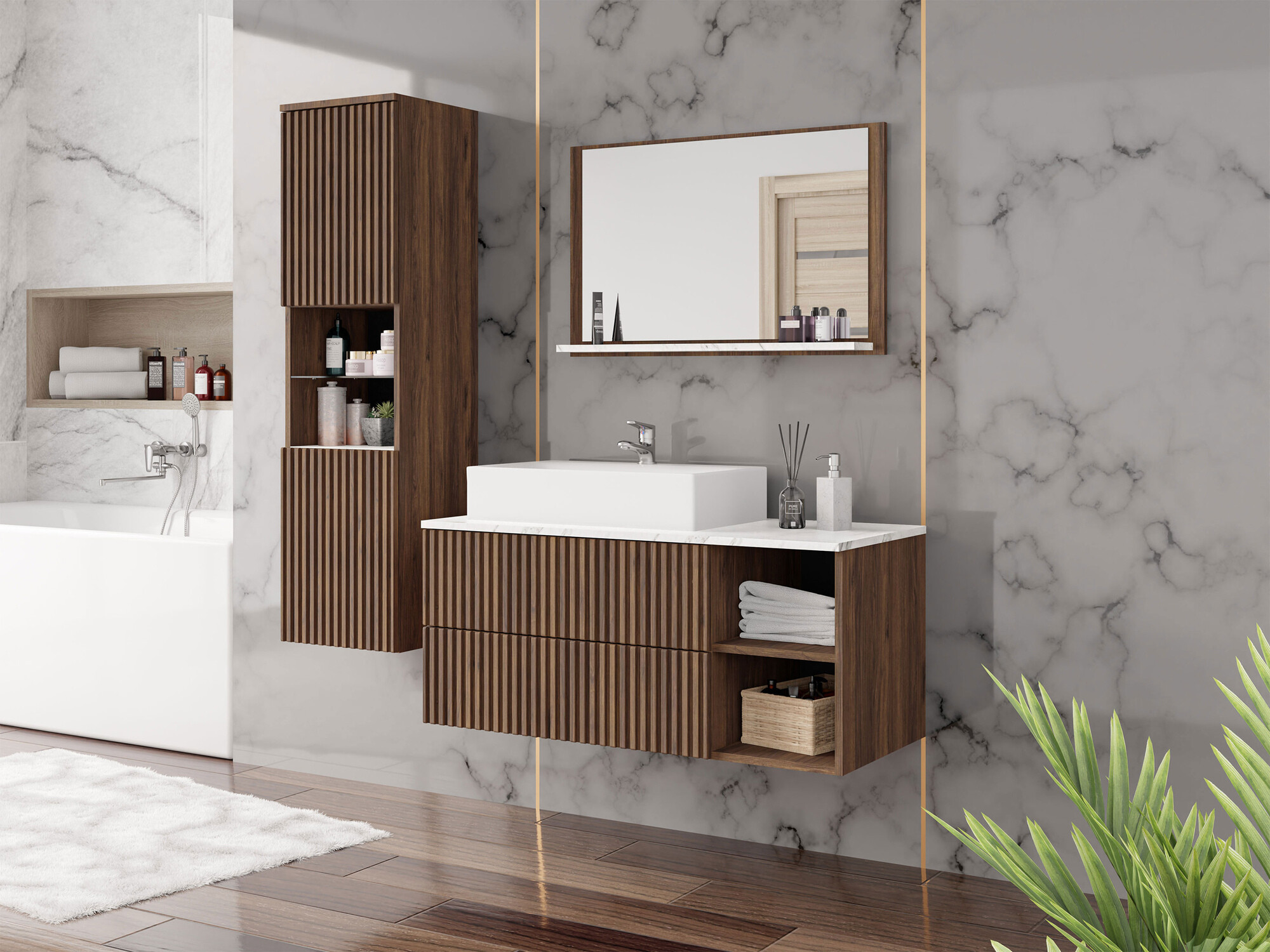 Badezimmer-Set Nauta I (Walnussholzoptik + Weißer Marmor)