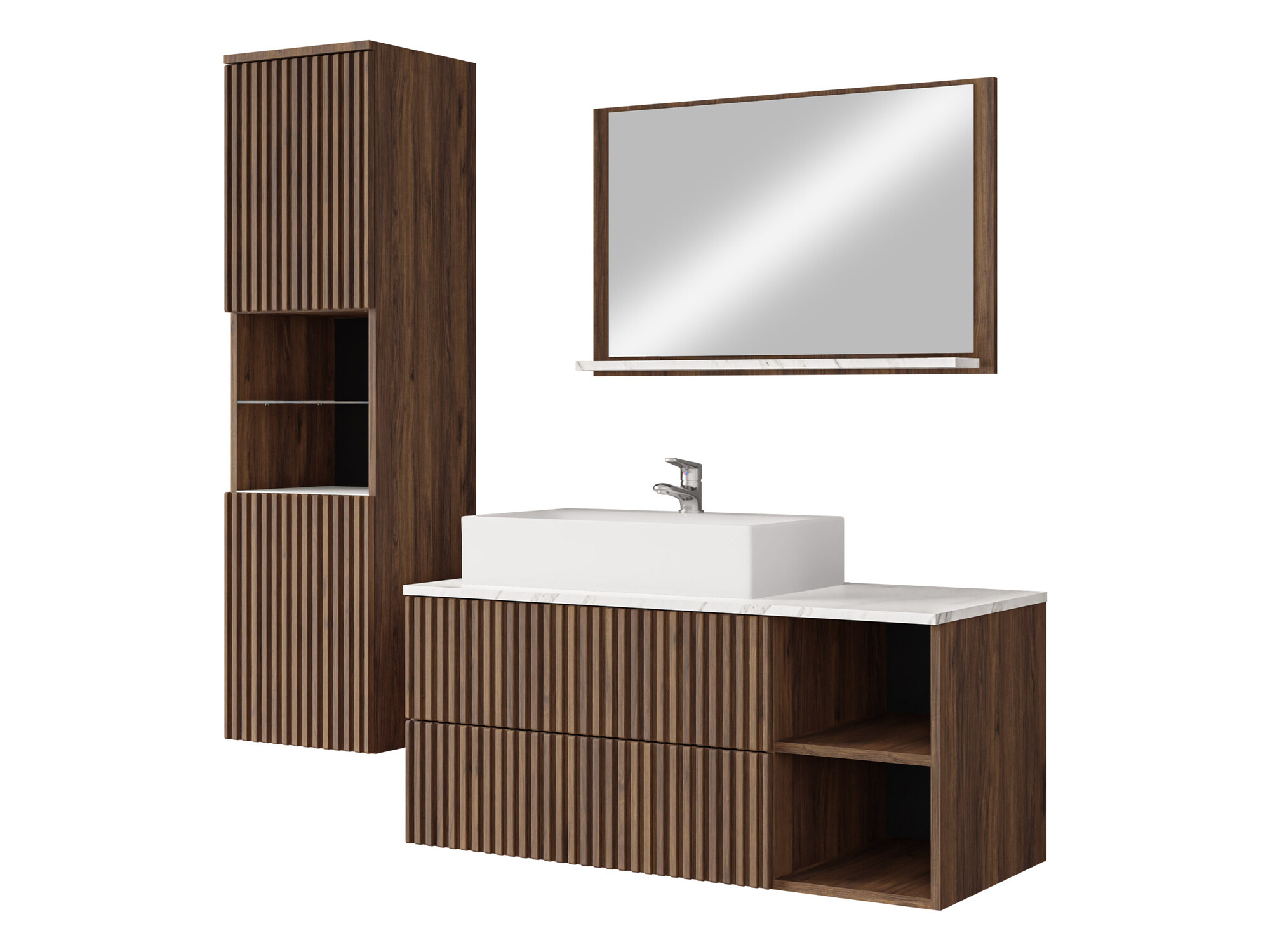 Badezimmer-Set Nauta I (Walnussholzoptik + Weißer Marmor)