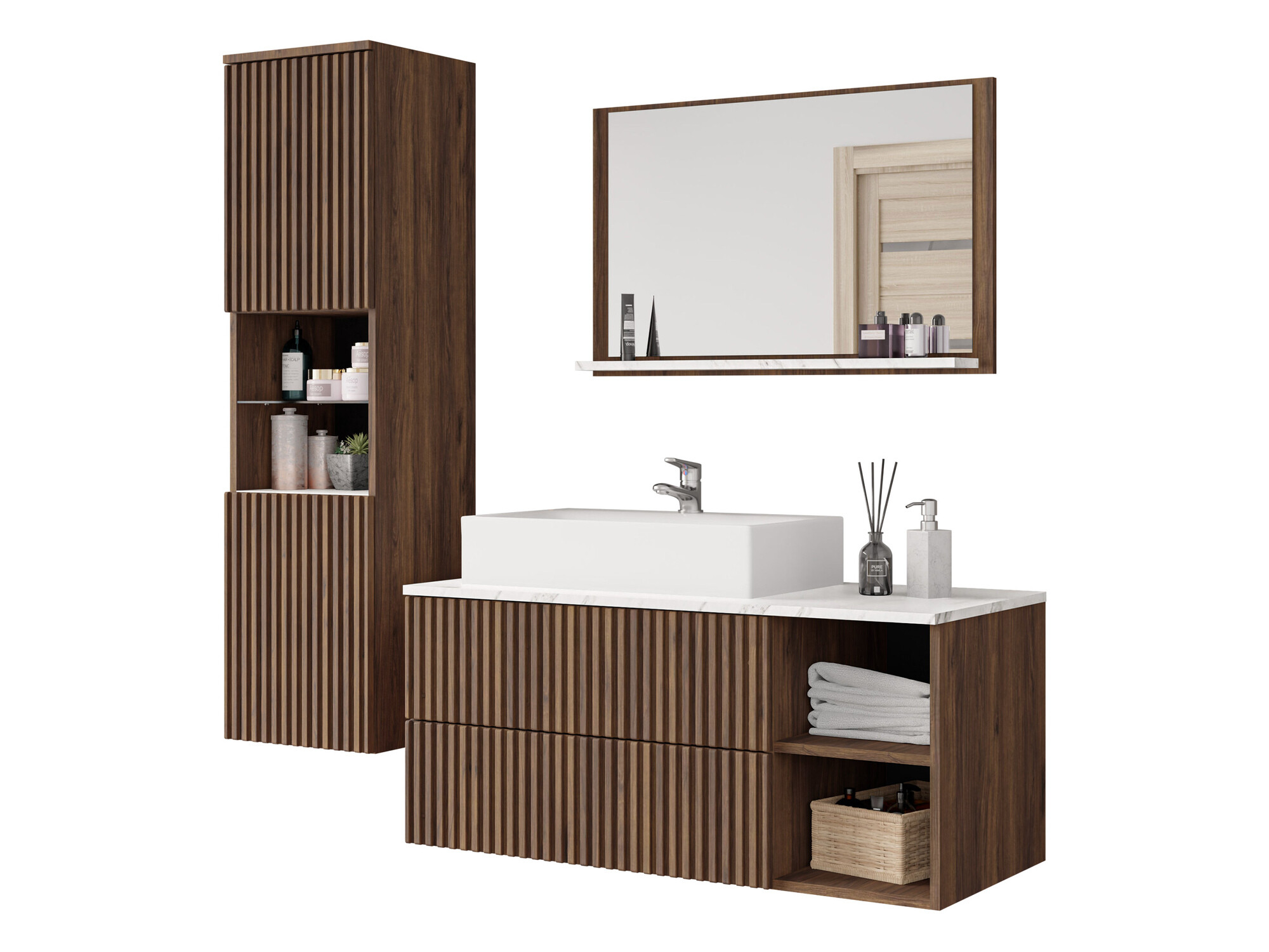 Badezimmer-Set Nauta I (Walnussholzoptik + Weißer Marmor)