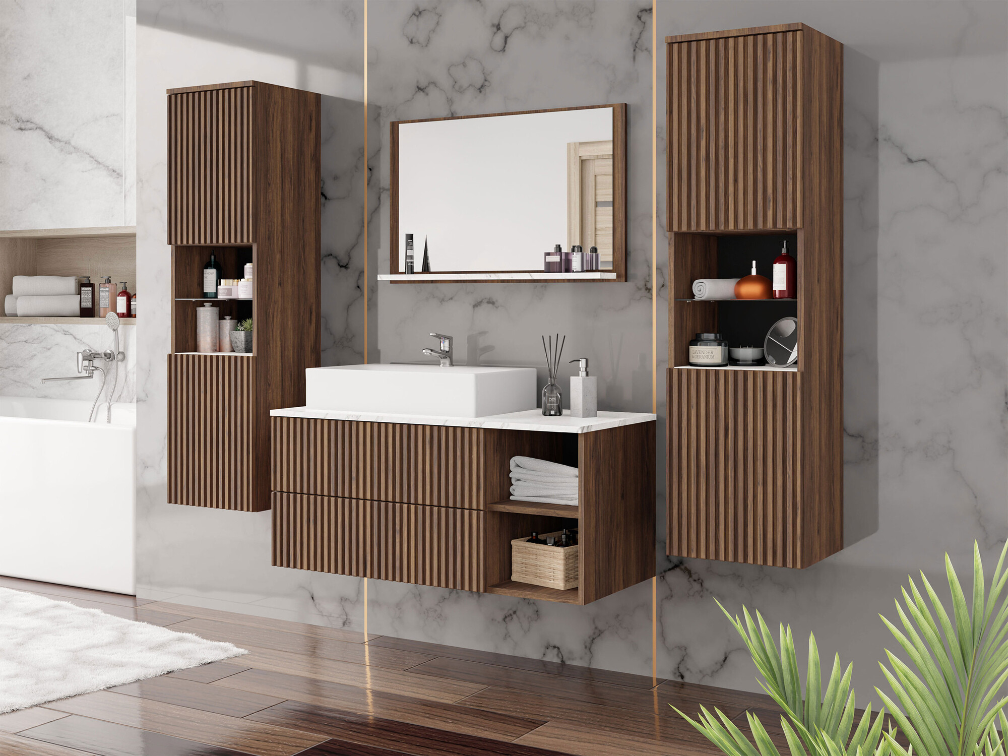 Badezimmer-Set Nauta II (Walnussholzoptik + Weißer Marmor)