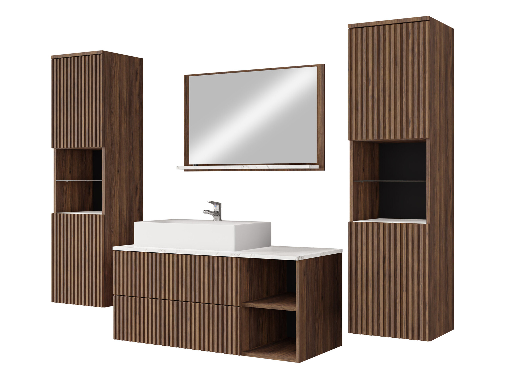 Badezimmer-Set Nauta II (Walnussholzoptik + Weißer Marmor)