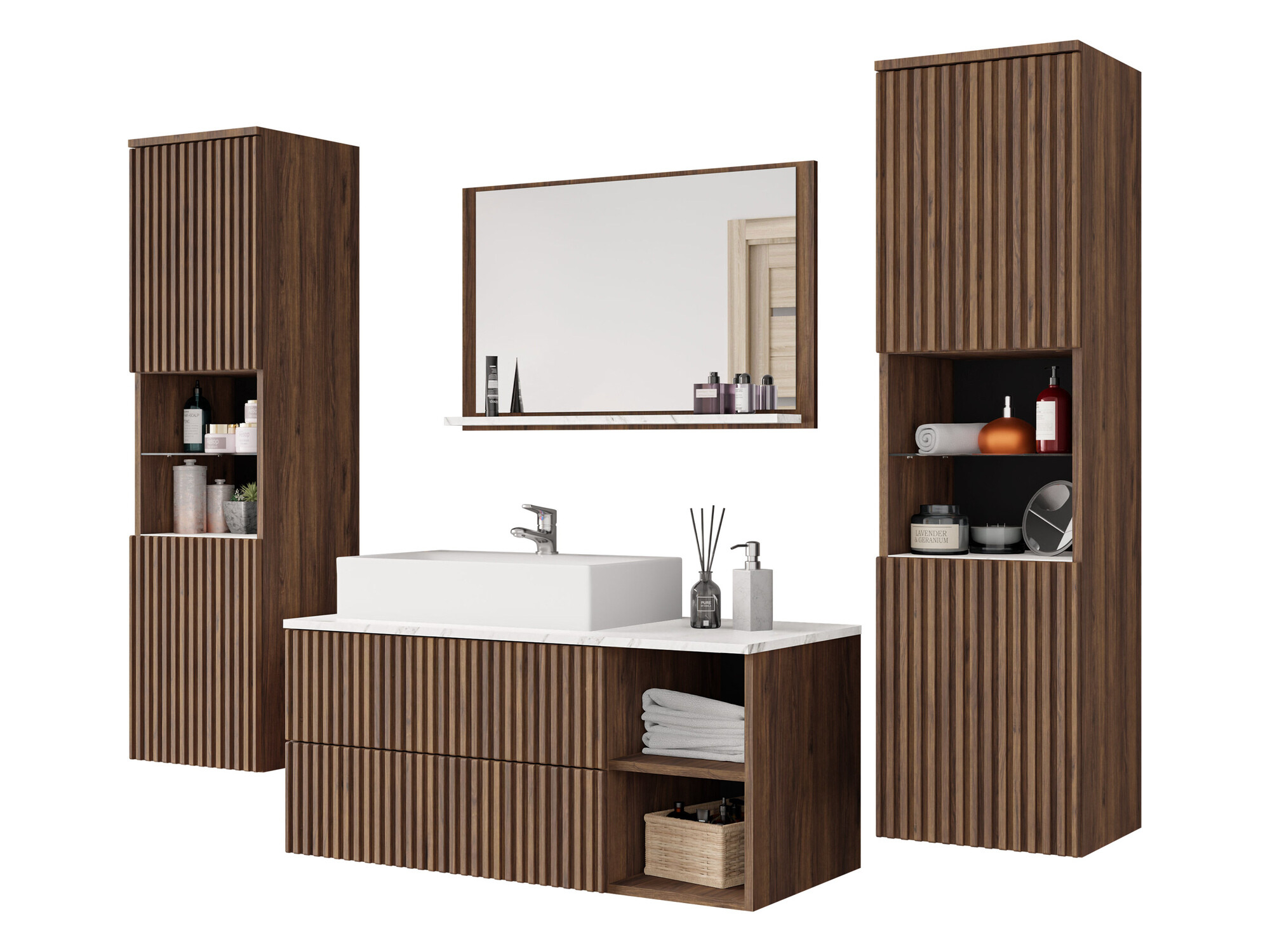 Badezimmer-Set Nauta II (Walnussholzoptik + Weißer Marmor)