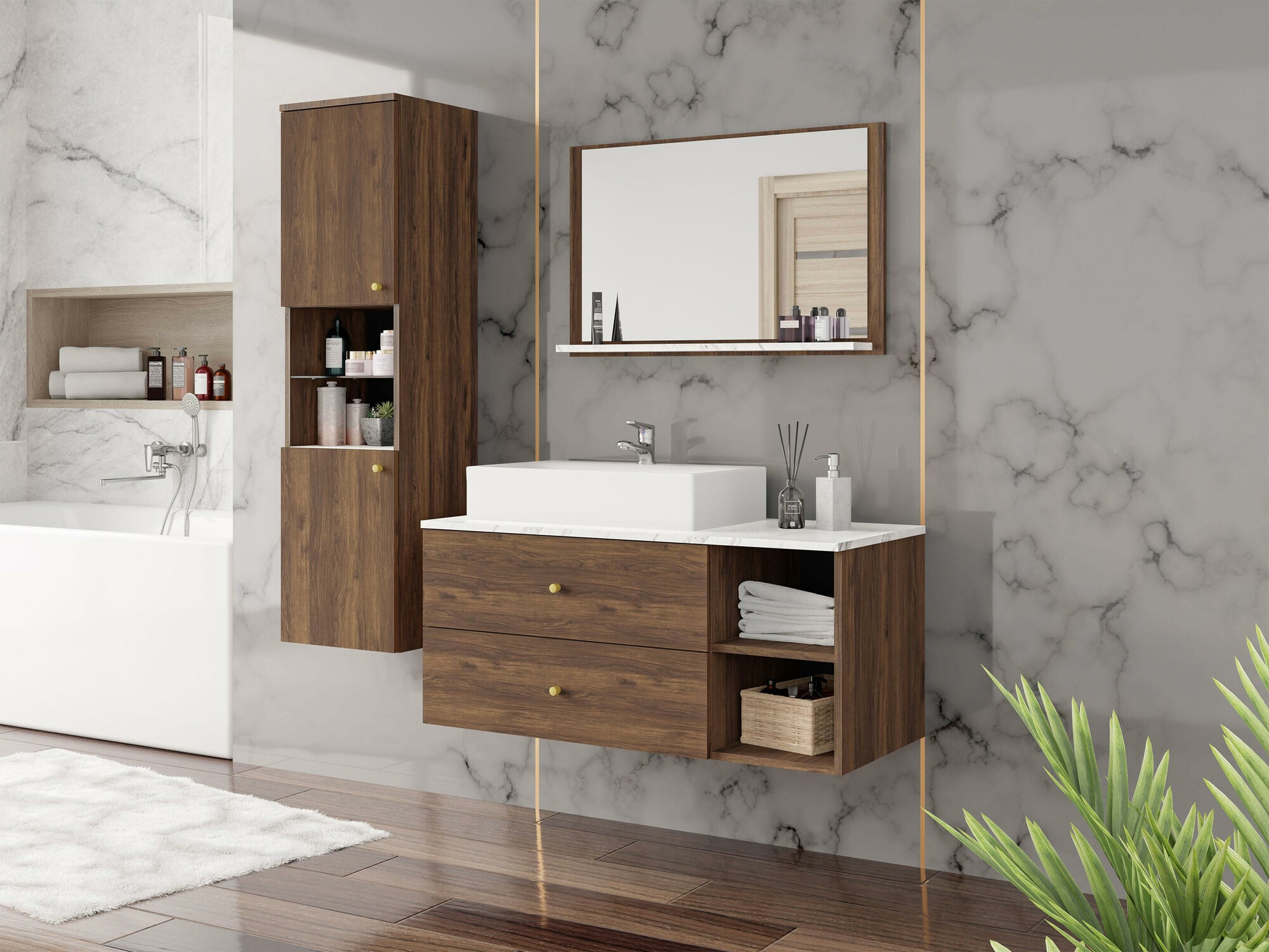 Badezimmer-Set Salus II (Walnussholzoptik + Weißer Marmor)