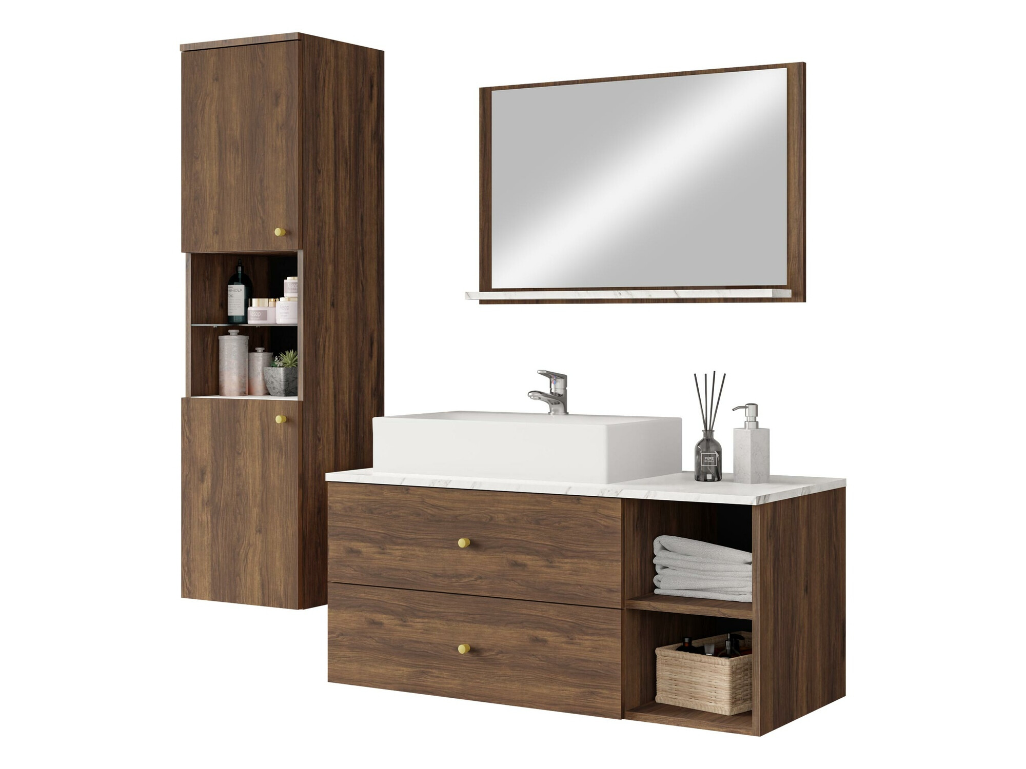 Badezimmer-Set Salus II (Walnussholzoptik + Weißer Marmor)