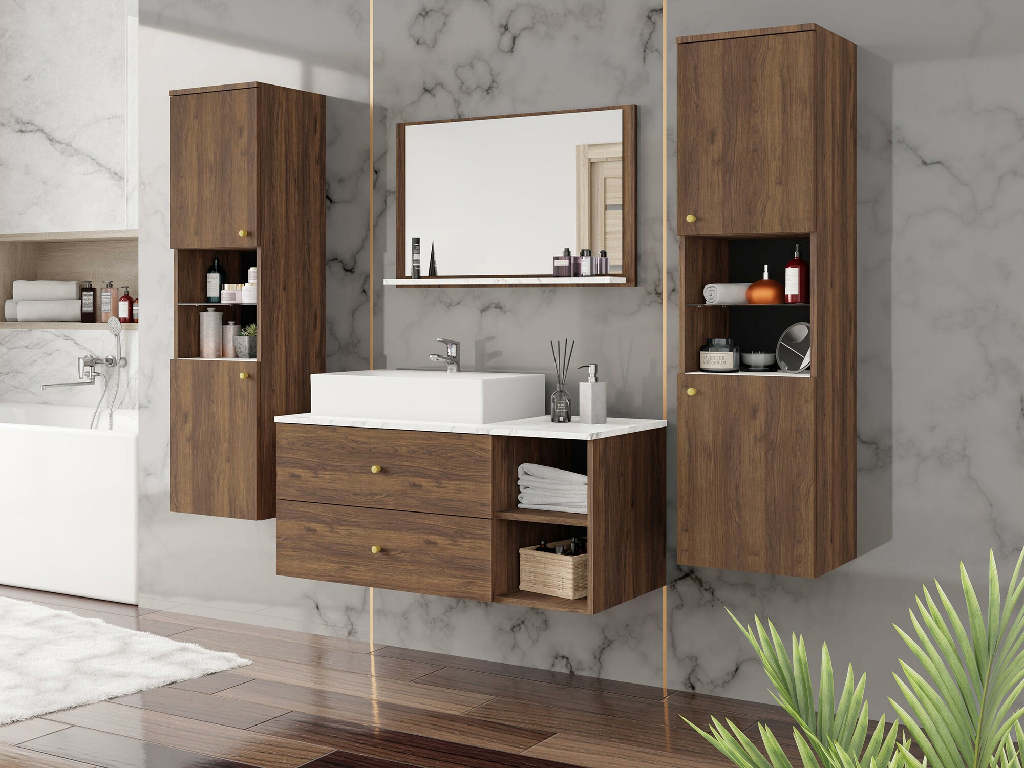 Badezimmer-Set Salus III (Walnussholzoptik + Weißer Marmor)