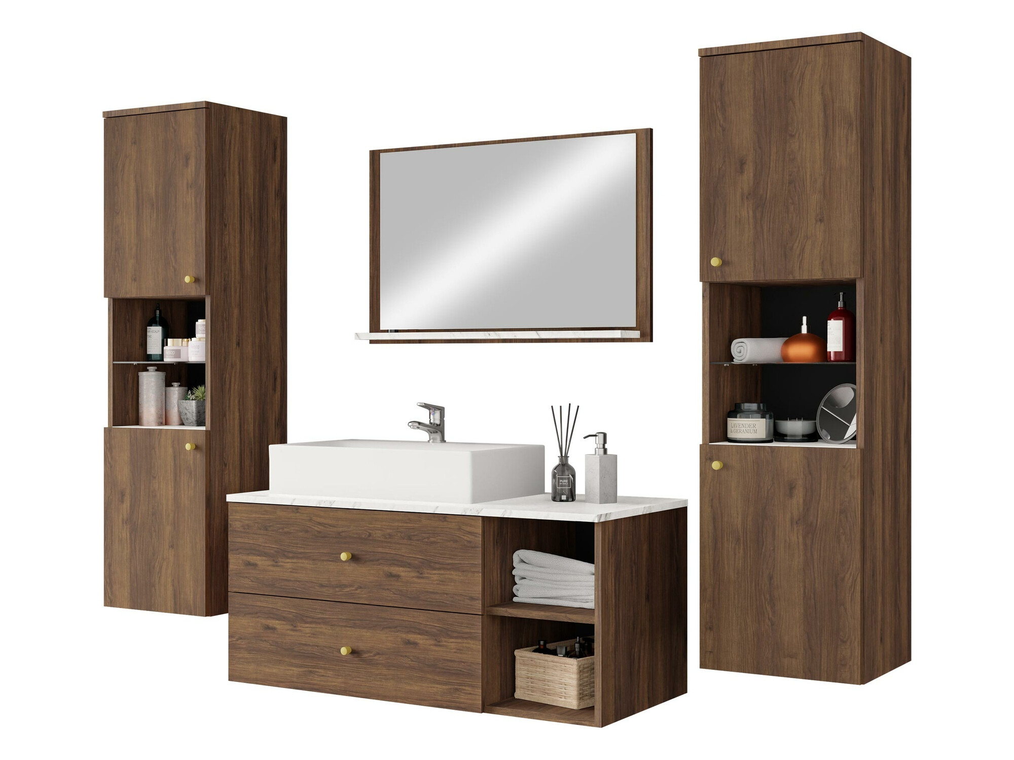 Badezimmer-Set Salus III (Walnussholzoptik + Weißer Marmor)