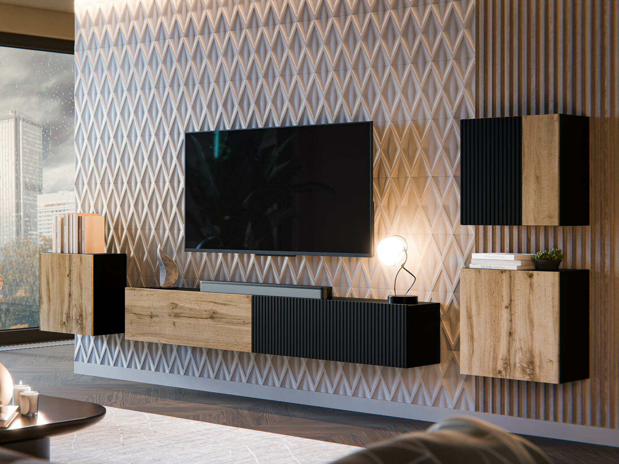 Wohnzimmer-Sets Species IV (Schwarz + Wotan Eiche)