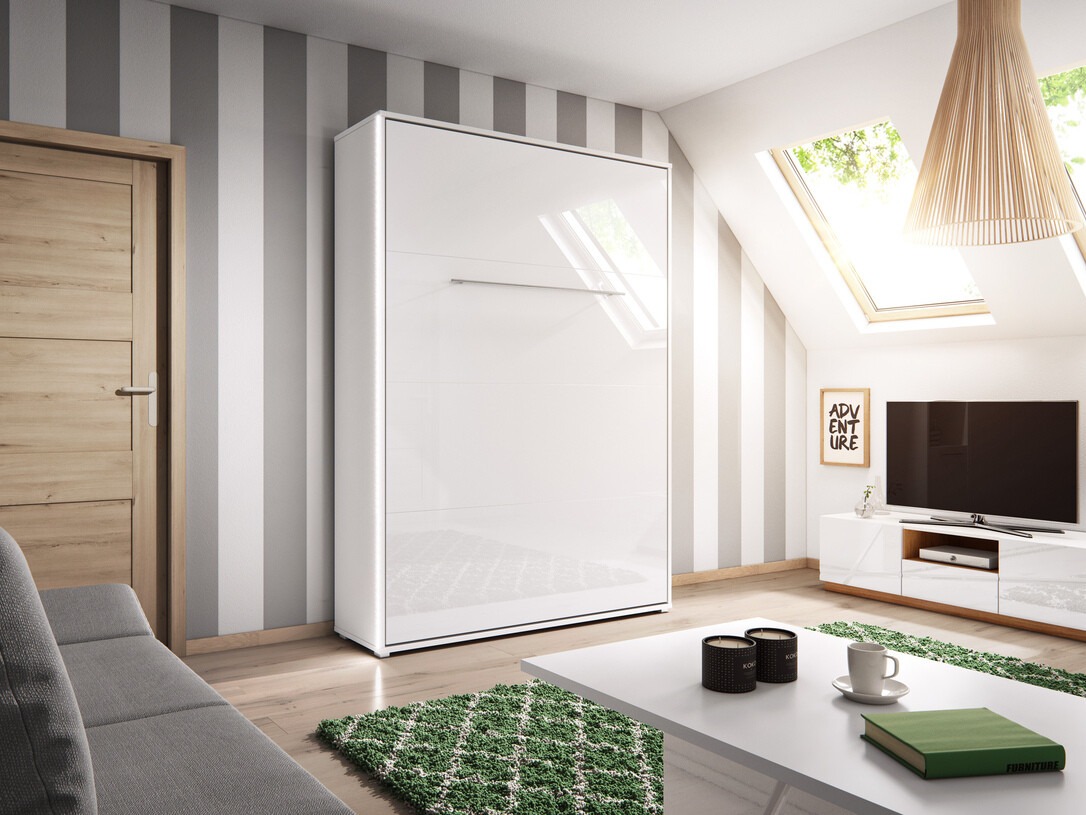 Schrankbett Concept Pro Lenart III (Weiß + Weiß glänzend)