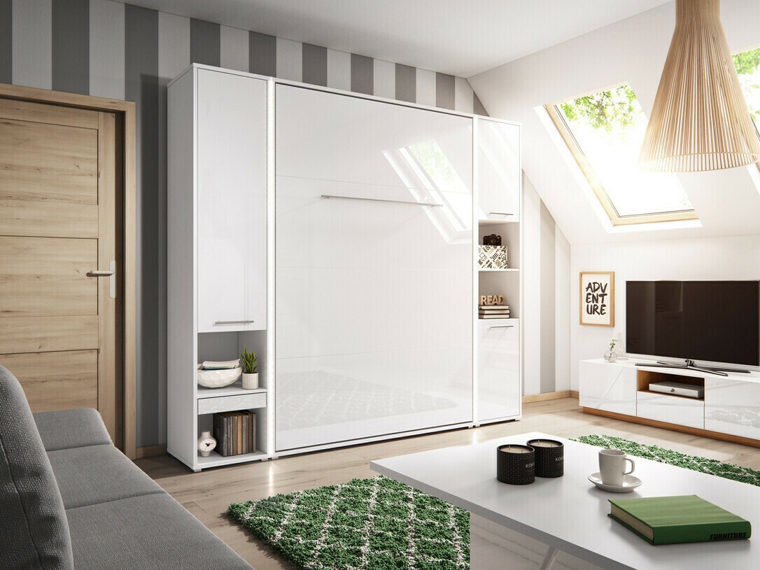 Schrankbett Concept Pro Lenart III (Weiß + Weiß glänzend)