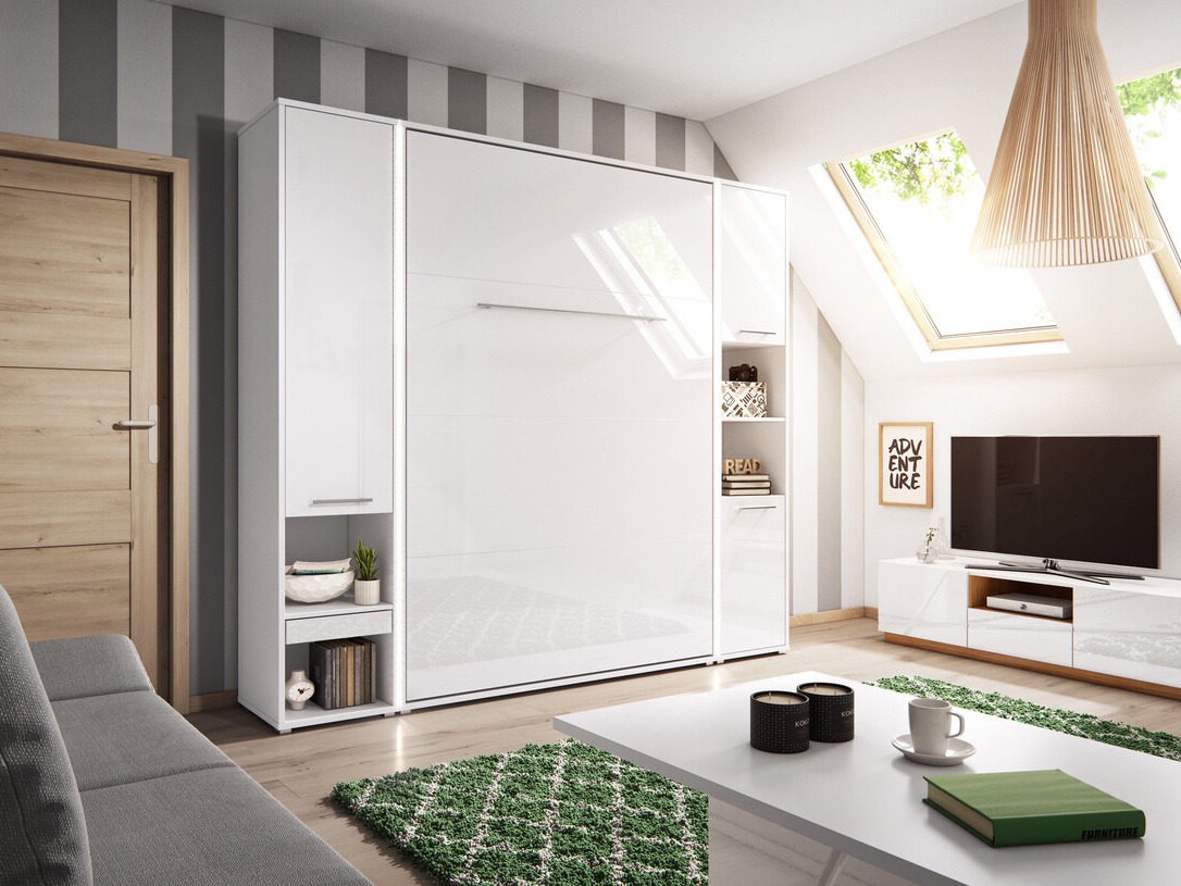 Schrankbett Concept Pro Lenart III (Weiß + Weiß glänzend)