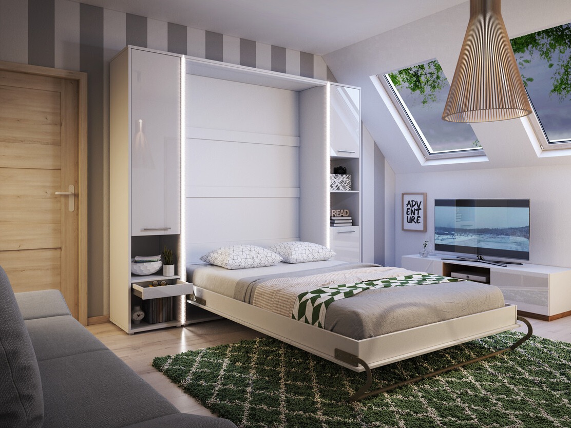 Schrankbett Concept Pro Lenart Levfere 108 (Weiß + Weiß glänzend)