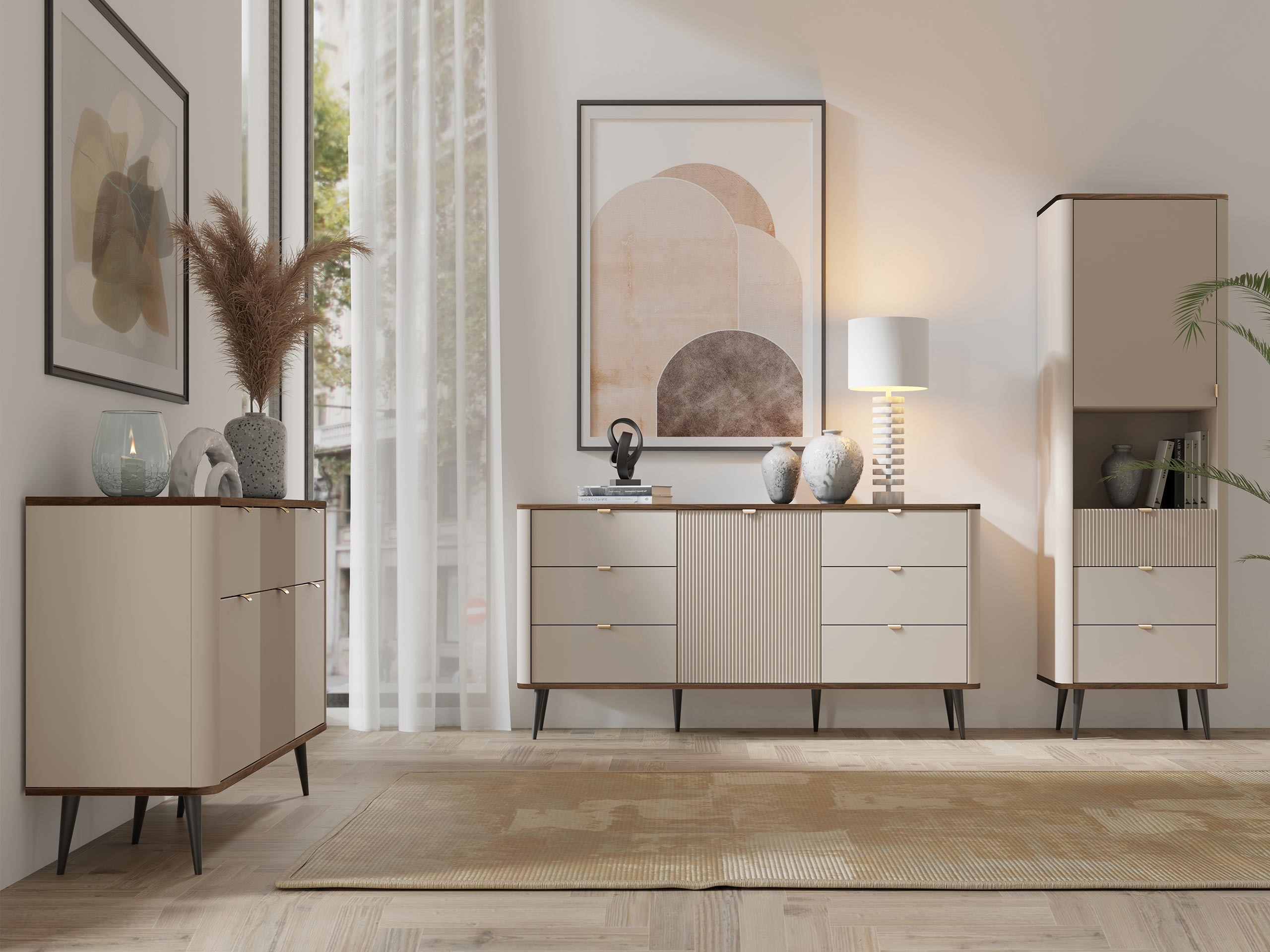 Wohnzimmer-Sets Lufela 122 (Kaschmir + Walnussholzoptik)