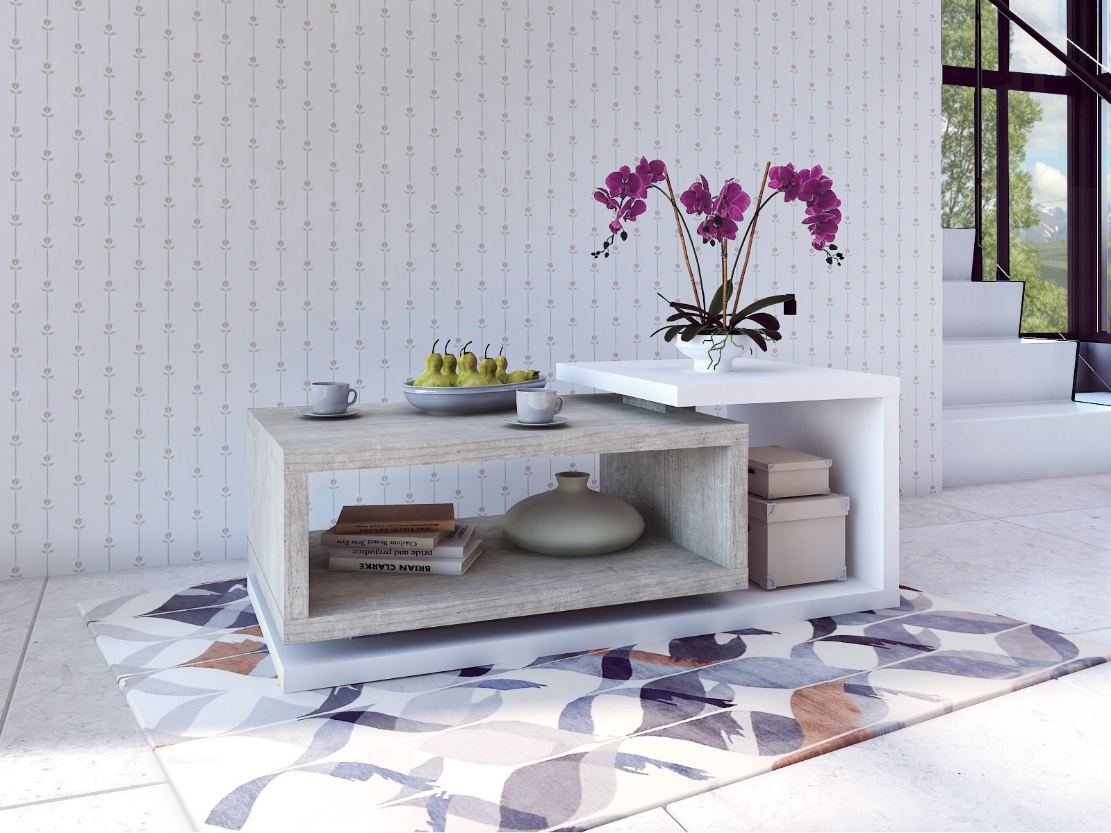 Couchtisch Lutiva 104 (Weiß + Beton)