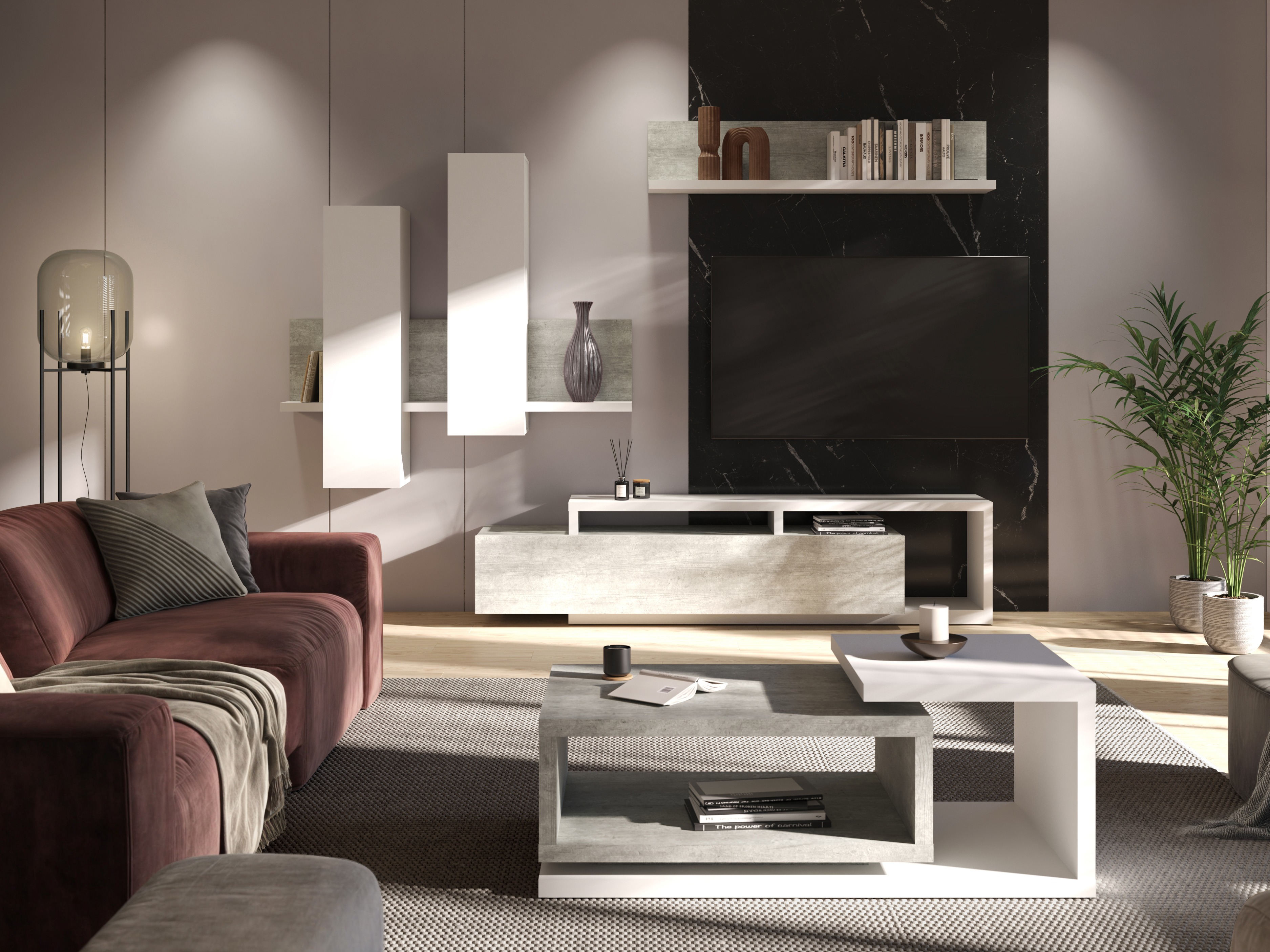 Couchtisch Lutiva 104 (Weiß + Beton)