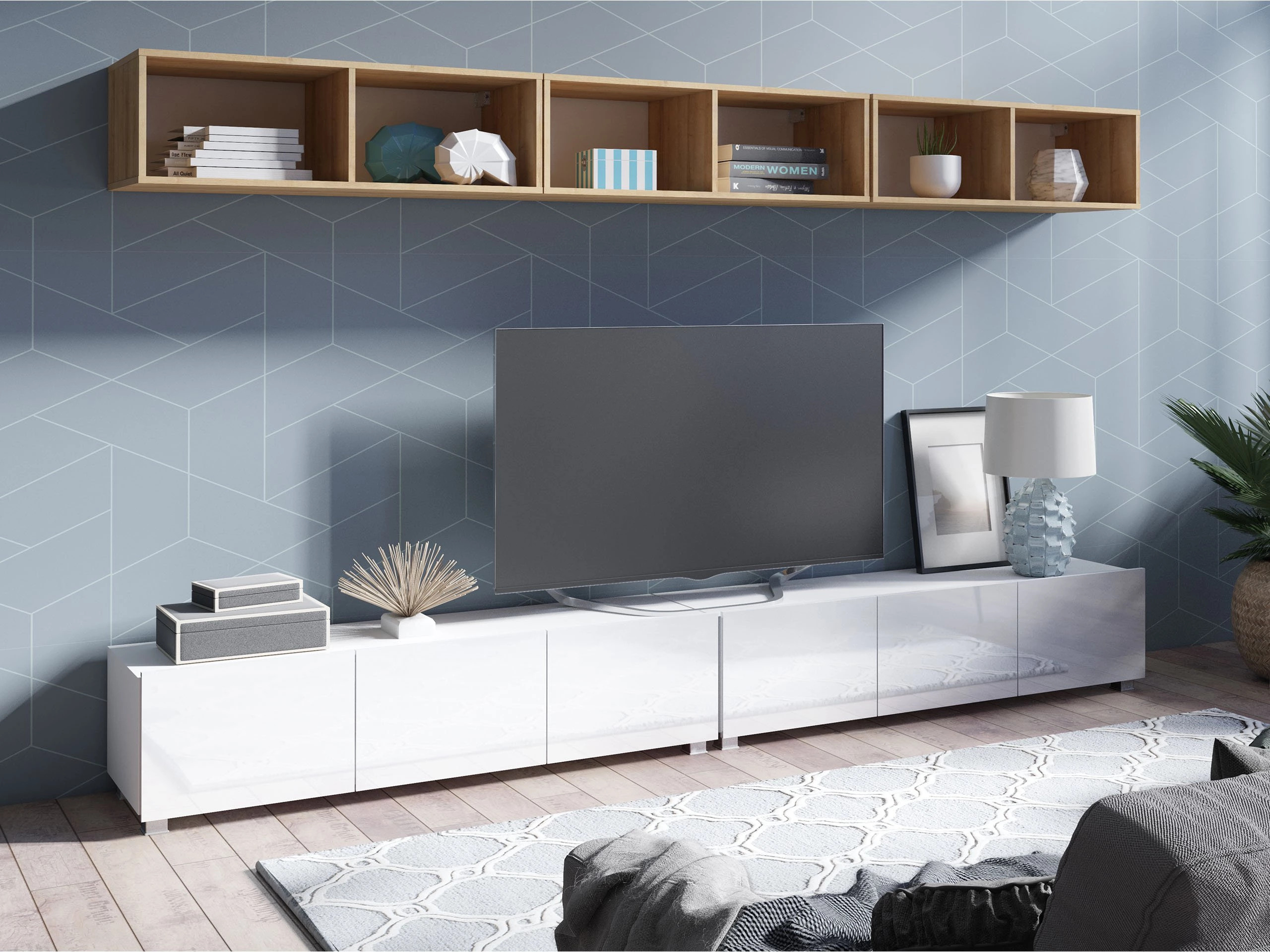 Wohnzimmer-Sets Tivdalu 153 (Weiß + Weiß glänzend + Goldene Eichenholzoptik)