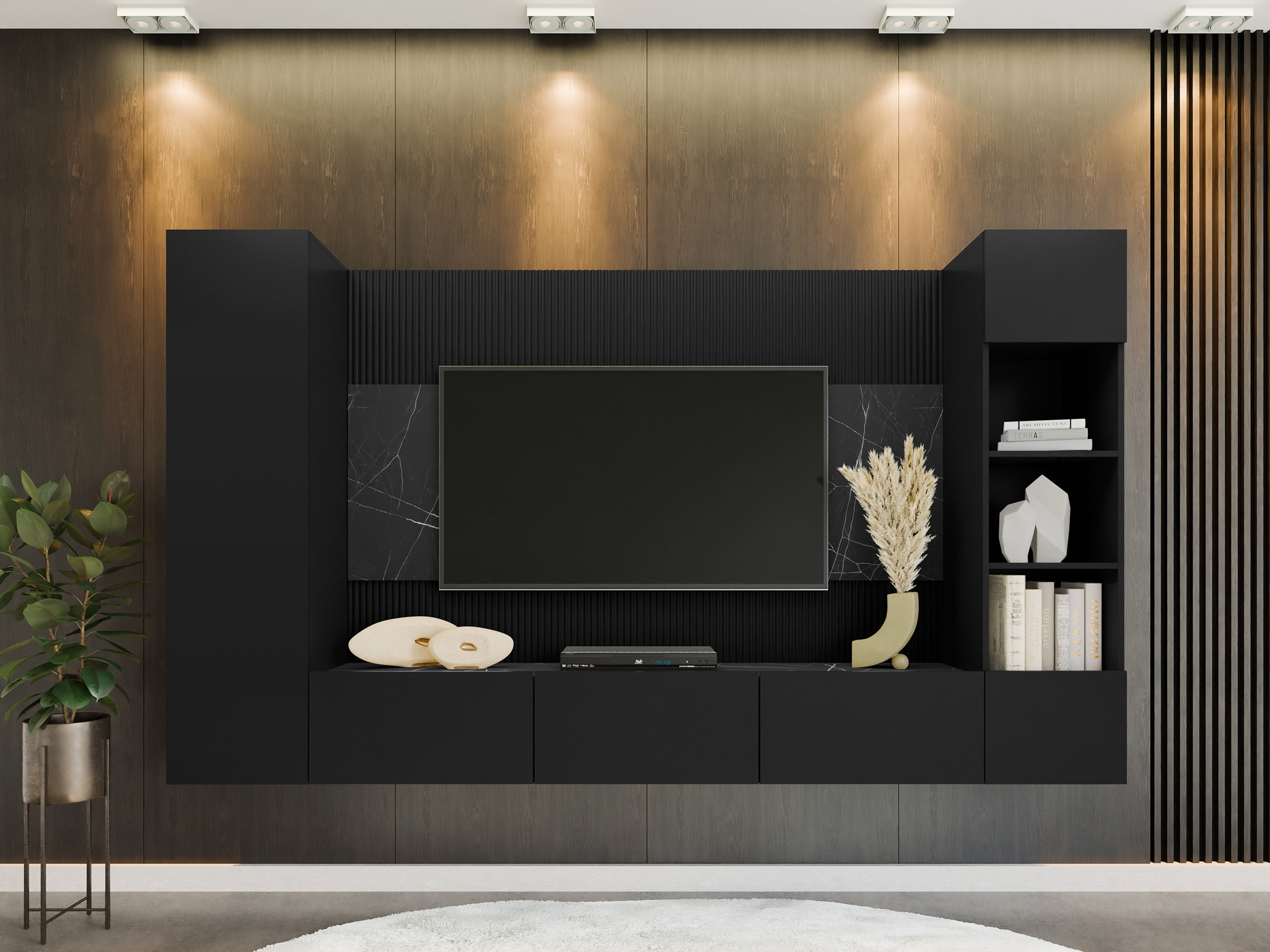 Wohnzimmer-Sets Comfivo Salix IV (Schwarz + Schwarzer Marmor)