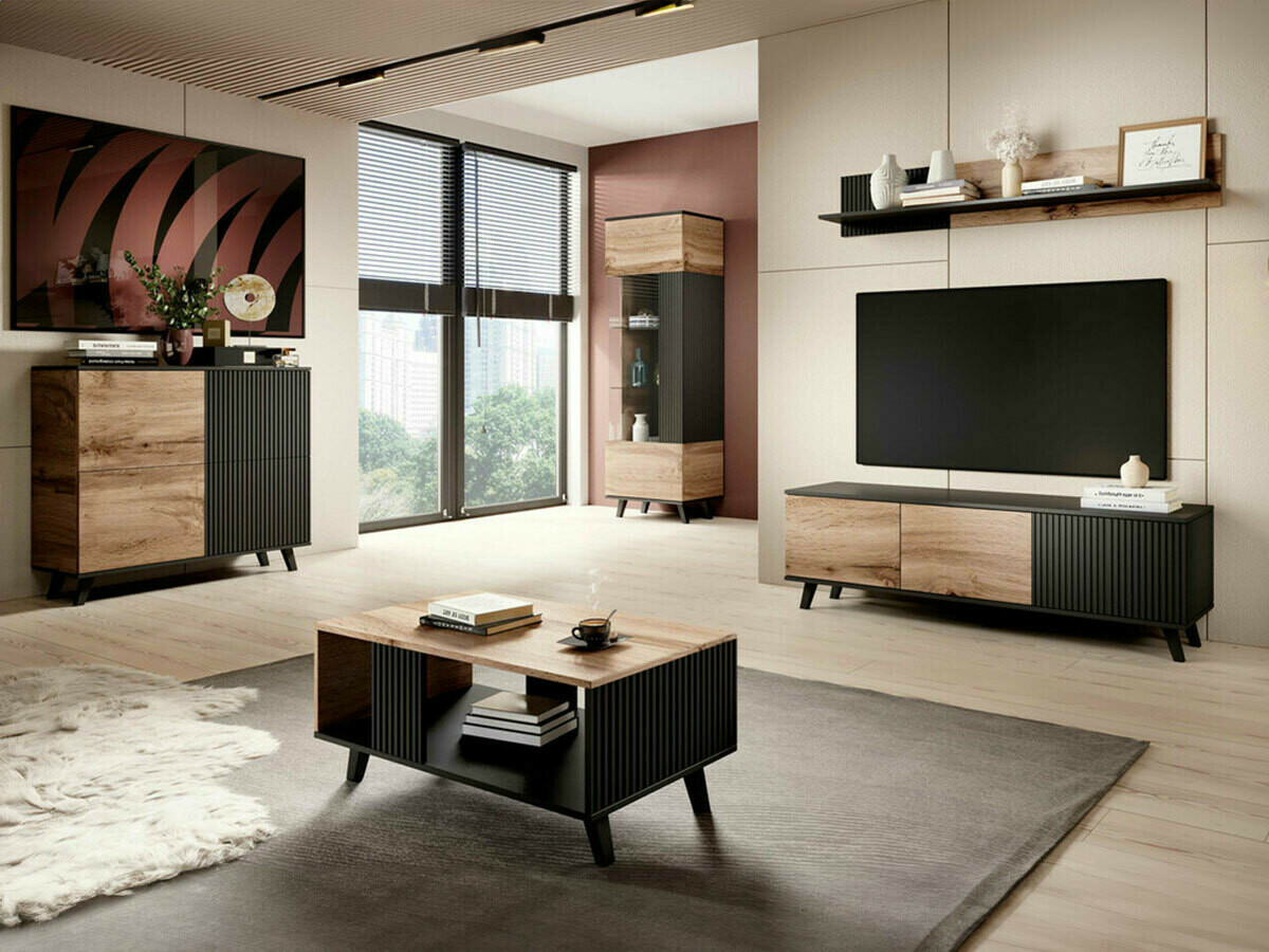 Wohnzimmer-Sets Luelia 108 (Schwarz + Wotan Eiche)