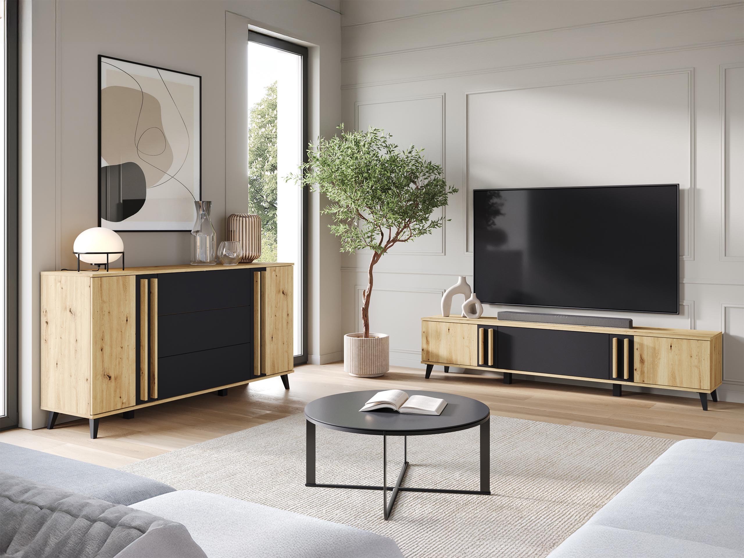 Wohnzimmer-Sets Facetor III (Artisan Eichenholzoptik + Graphit)