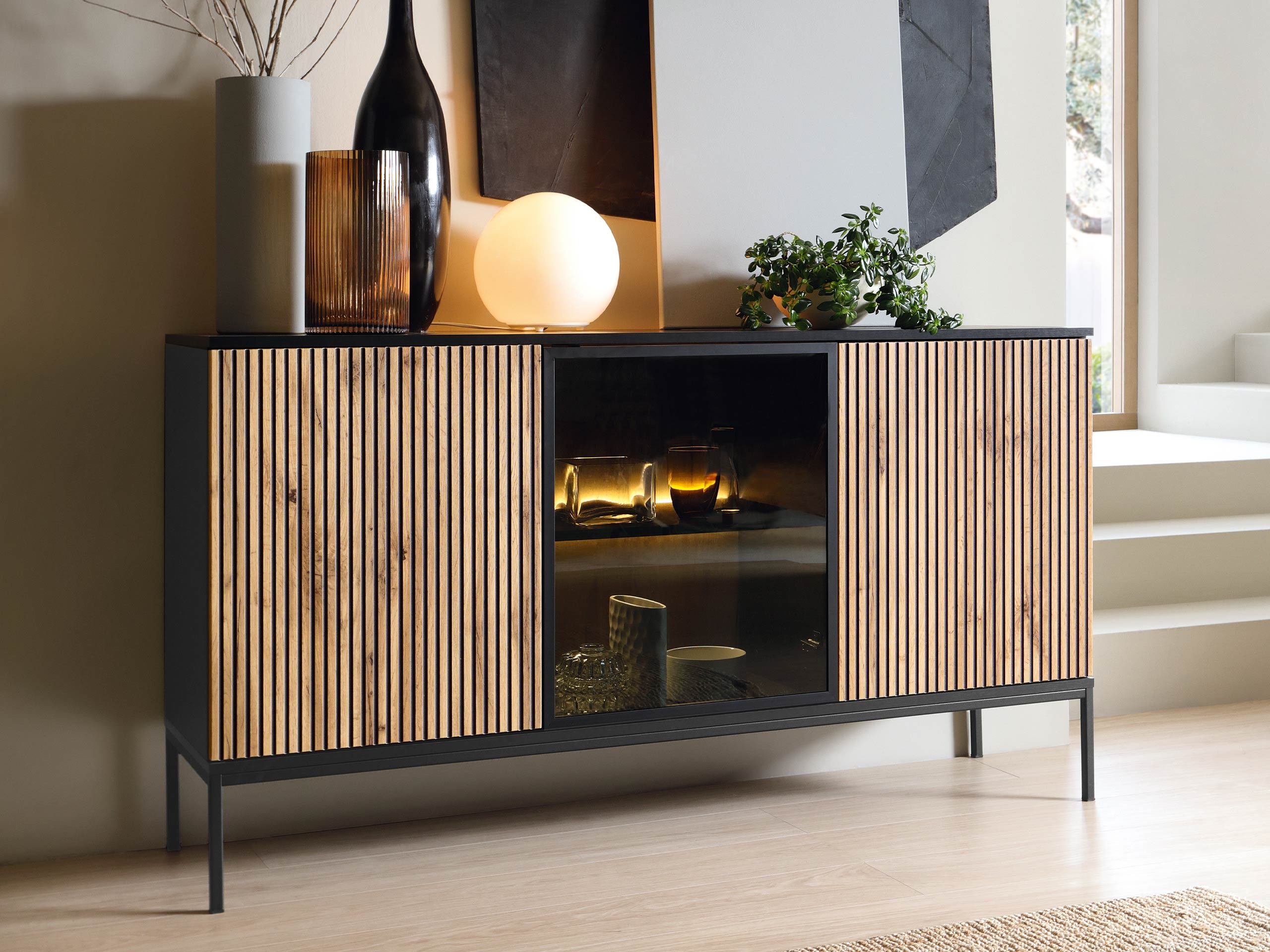 Sideboard Soferi 109 (Schwarz + Wotan Eiche)