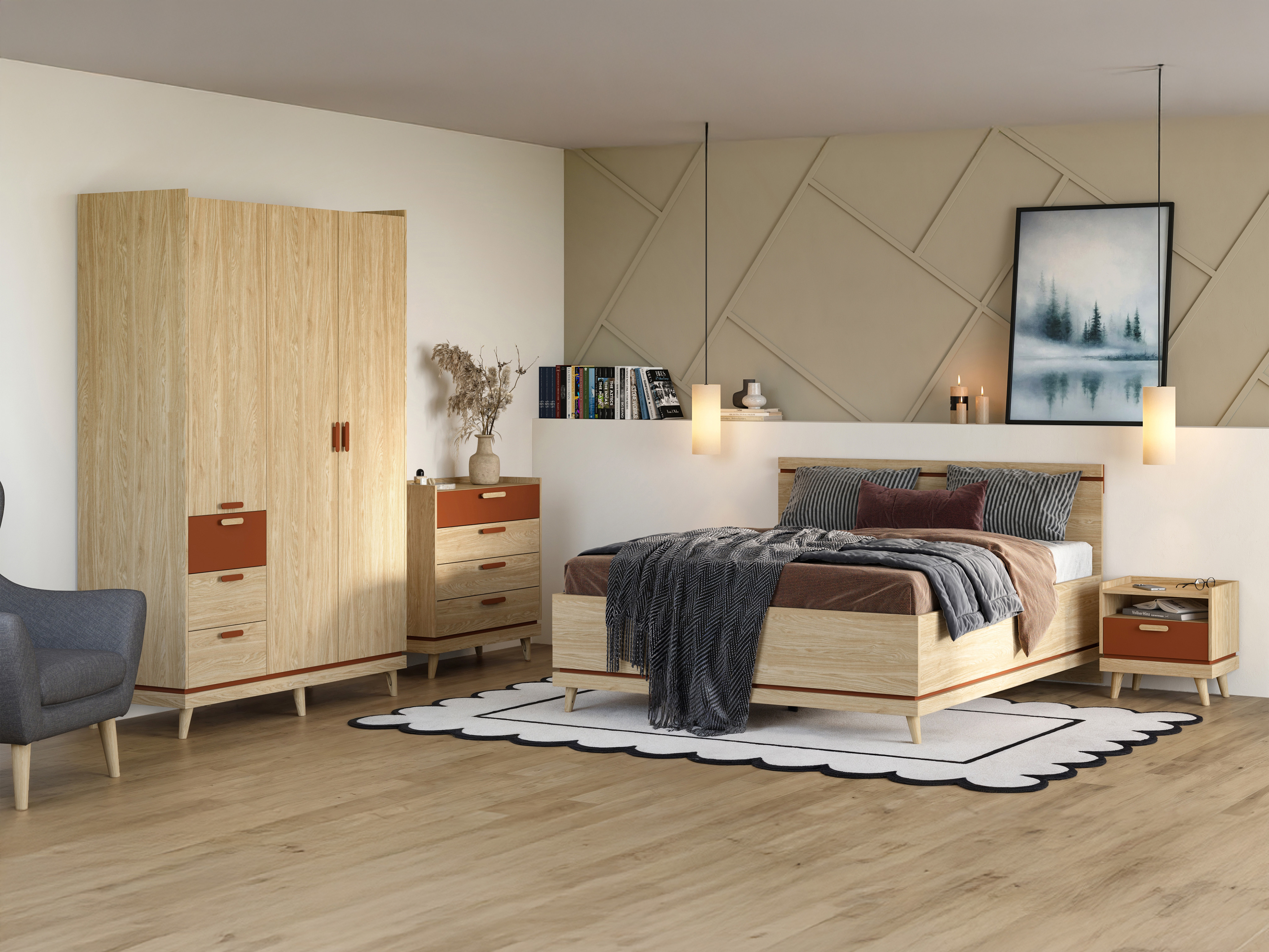 Kleiderschrank Fertalu 100 (Eichenholzoptik + Orange)