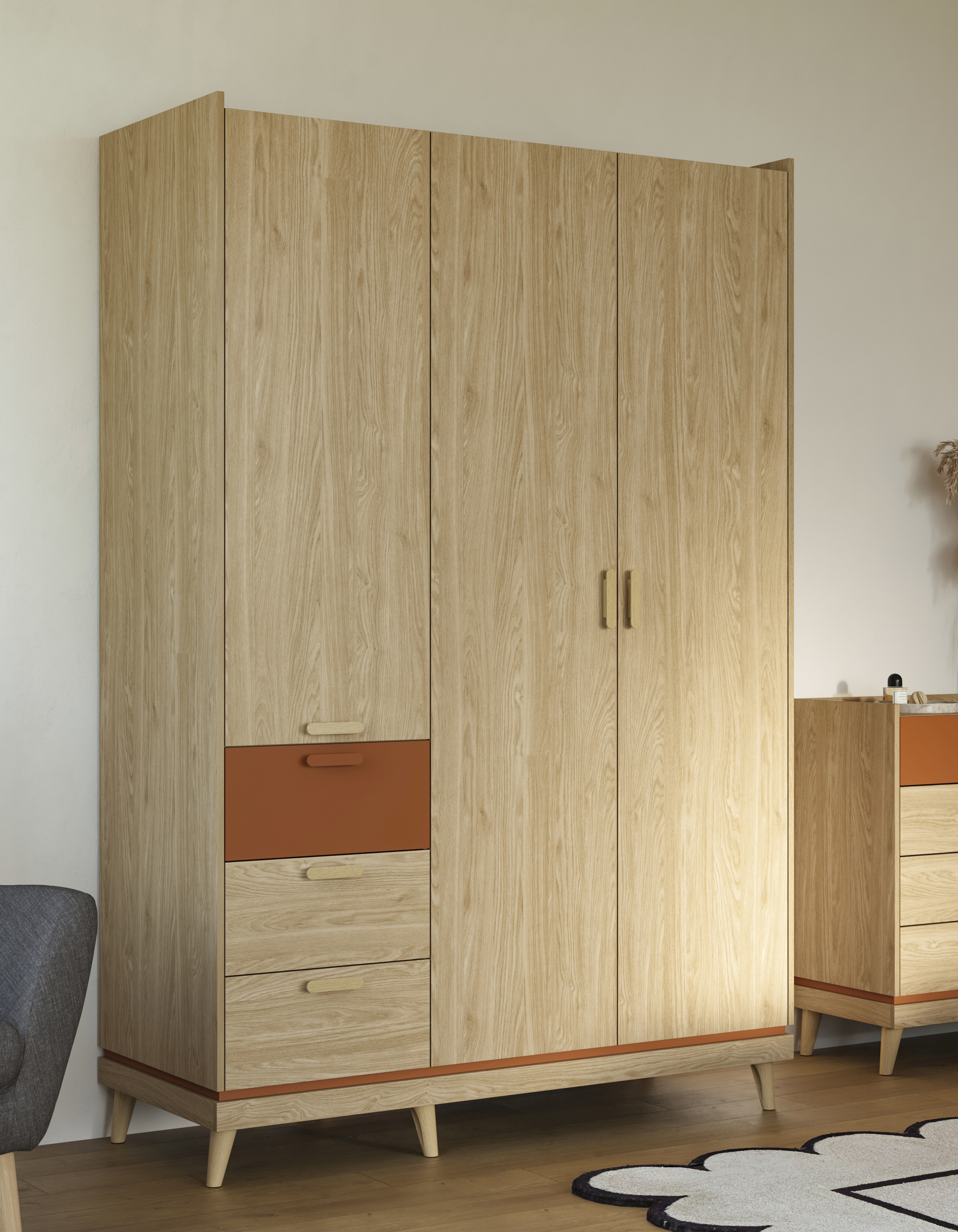 Kleiderschrank Fertalu 100 (Eichenholzoptik + Orange)