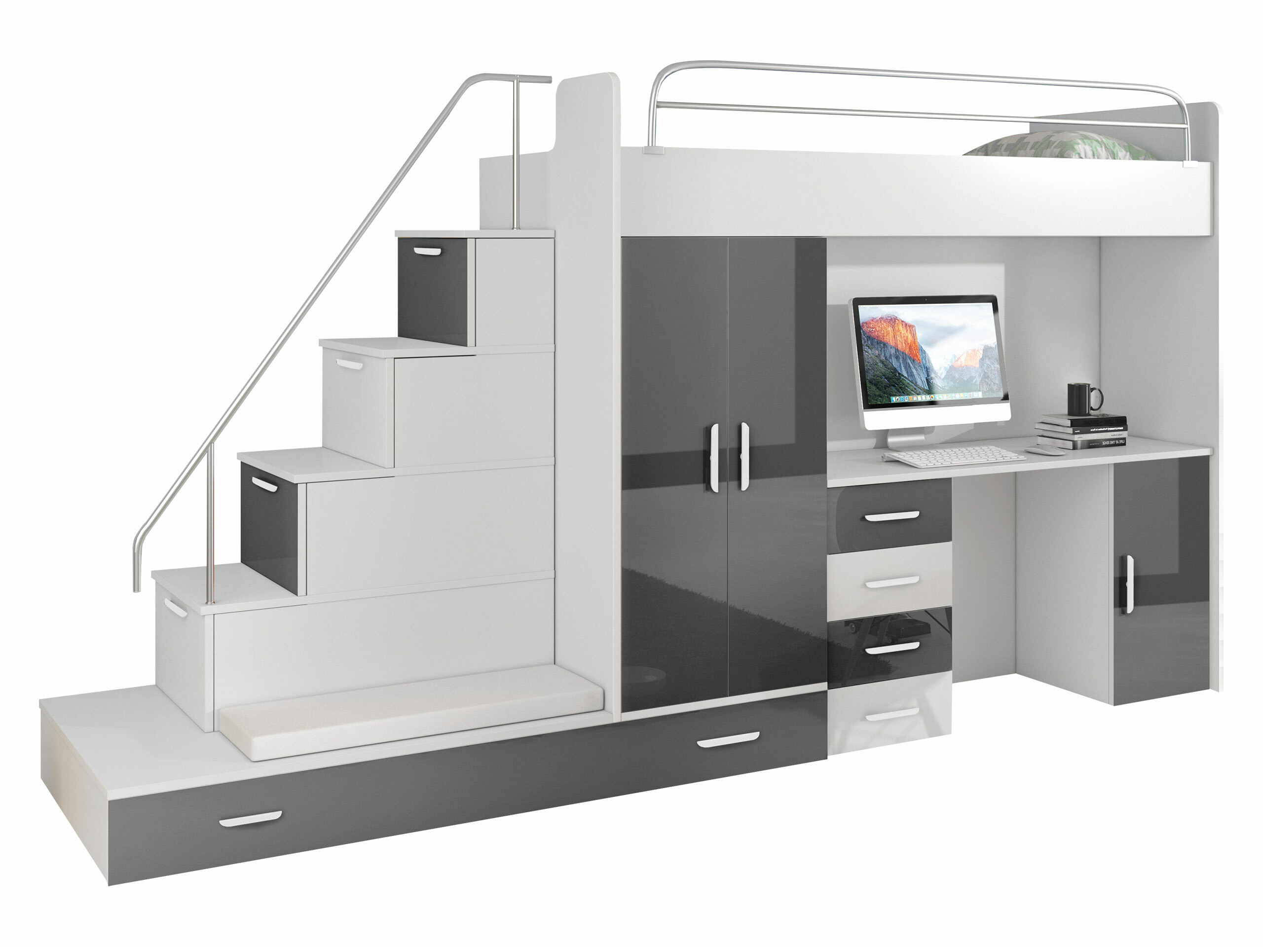 Kinderzimmer-Set Campus I (Weiß + Weiß glänzend + Glanzgrau)