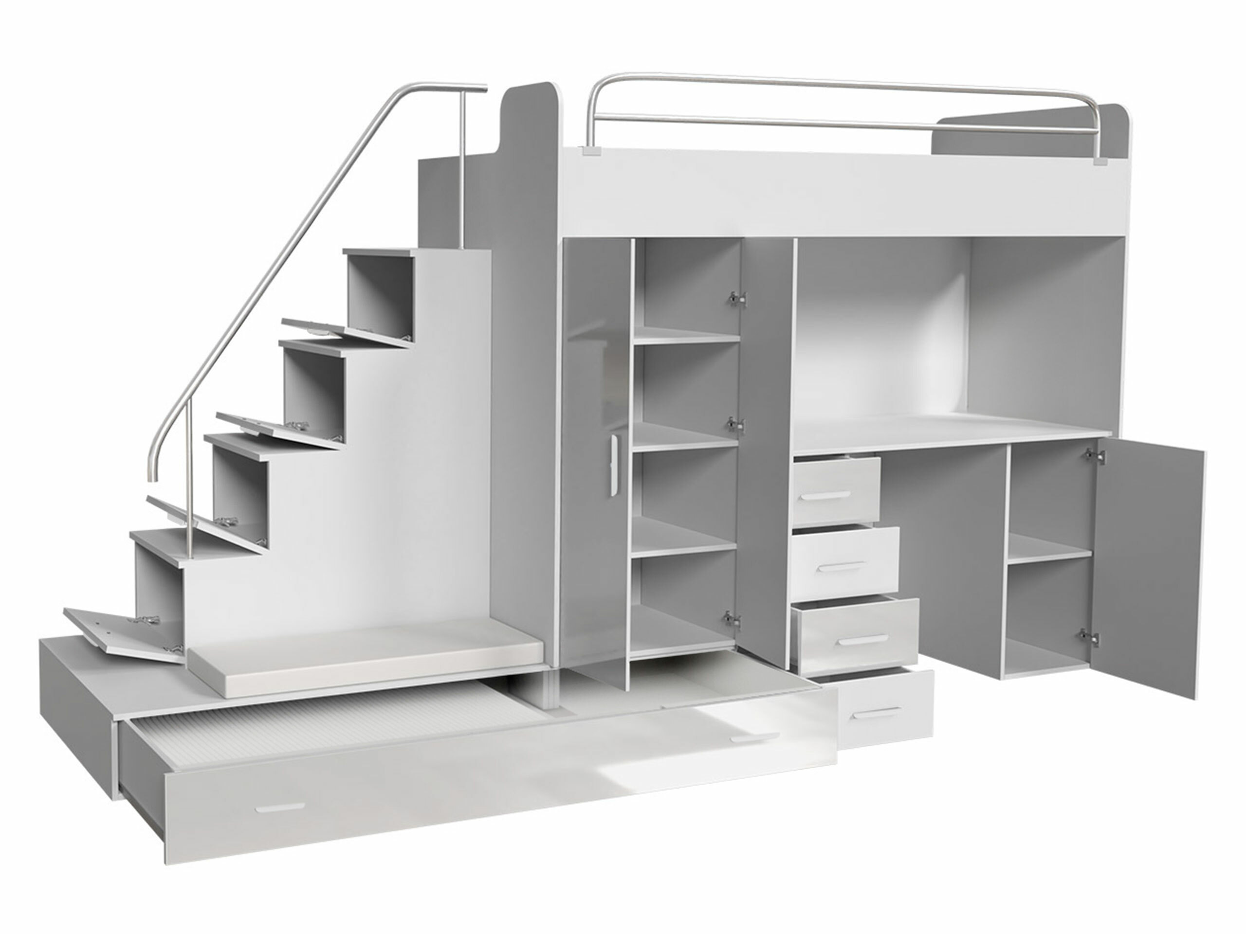 Kinderzimmer-Set Campus I (Weiß + Weiß glänzend + Glanzgrau)