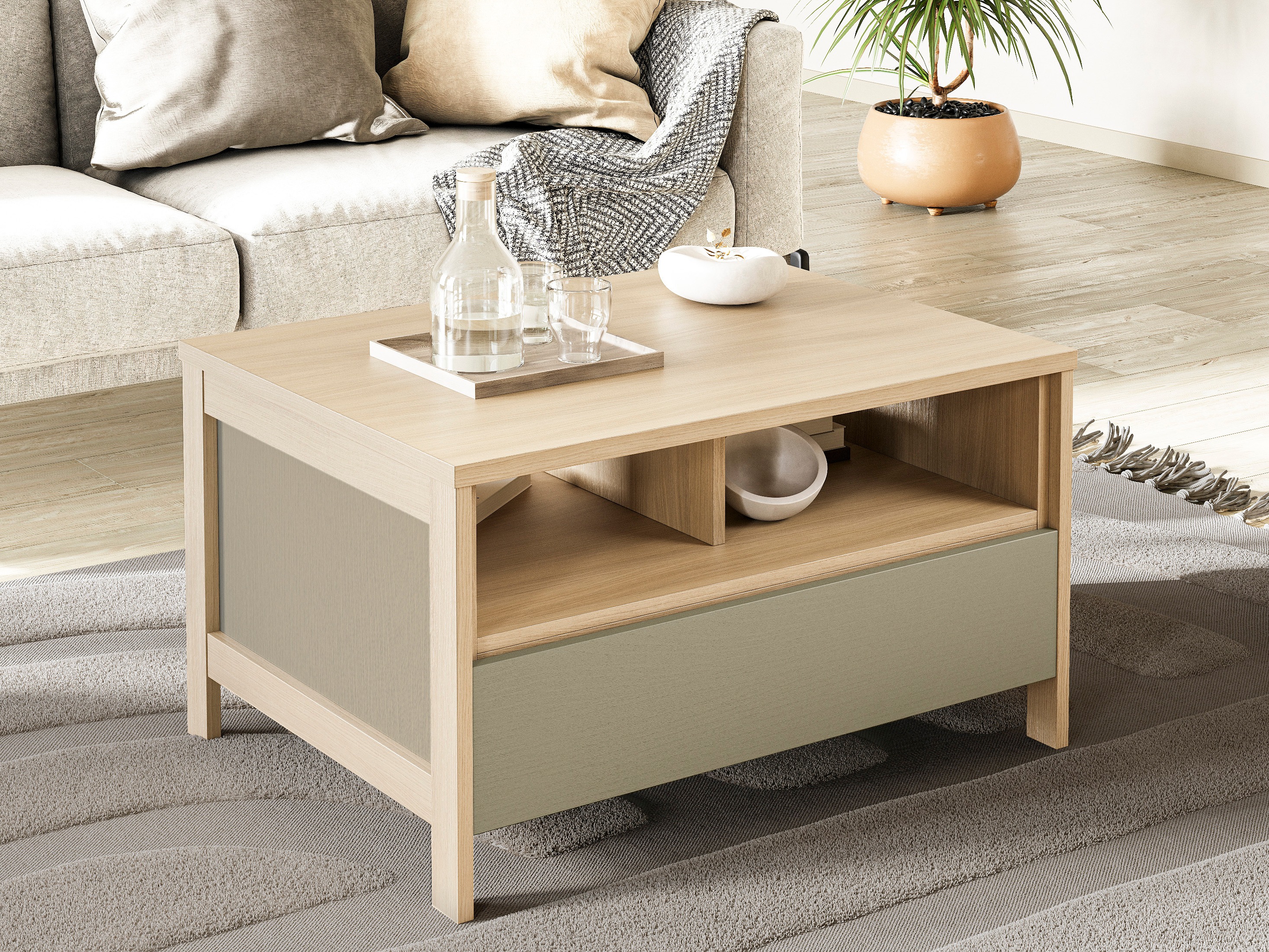 Couchtisch Fermaru 107 (Staubiges Grün + Eichenholzoptik)