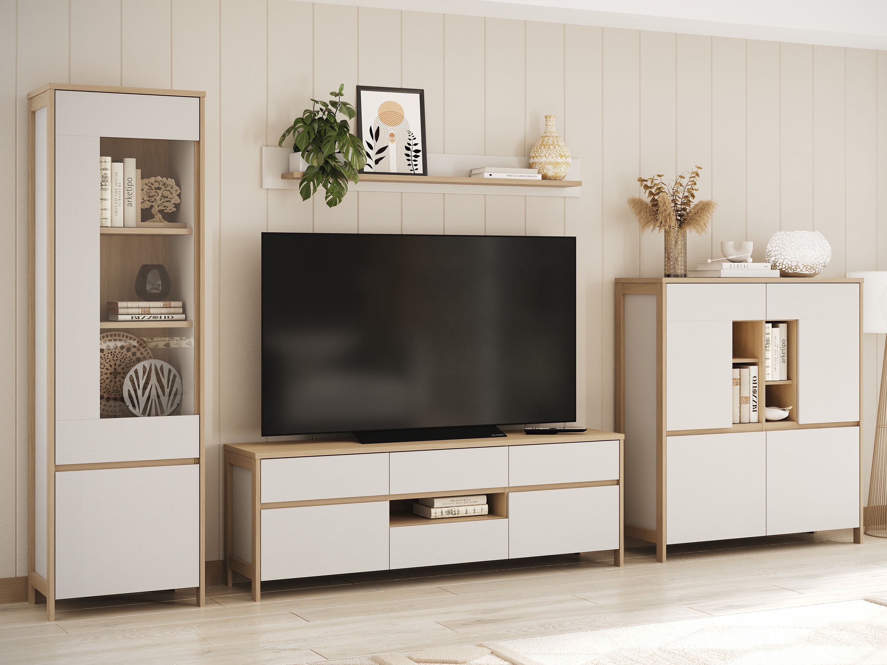 Wohnzimmer-Sets Fermaru 110 (Weiß + Eichenholzoptik)