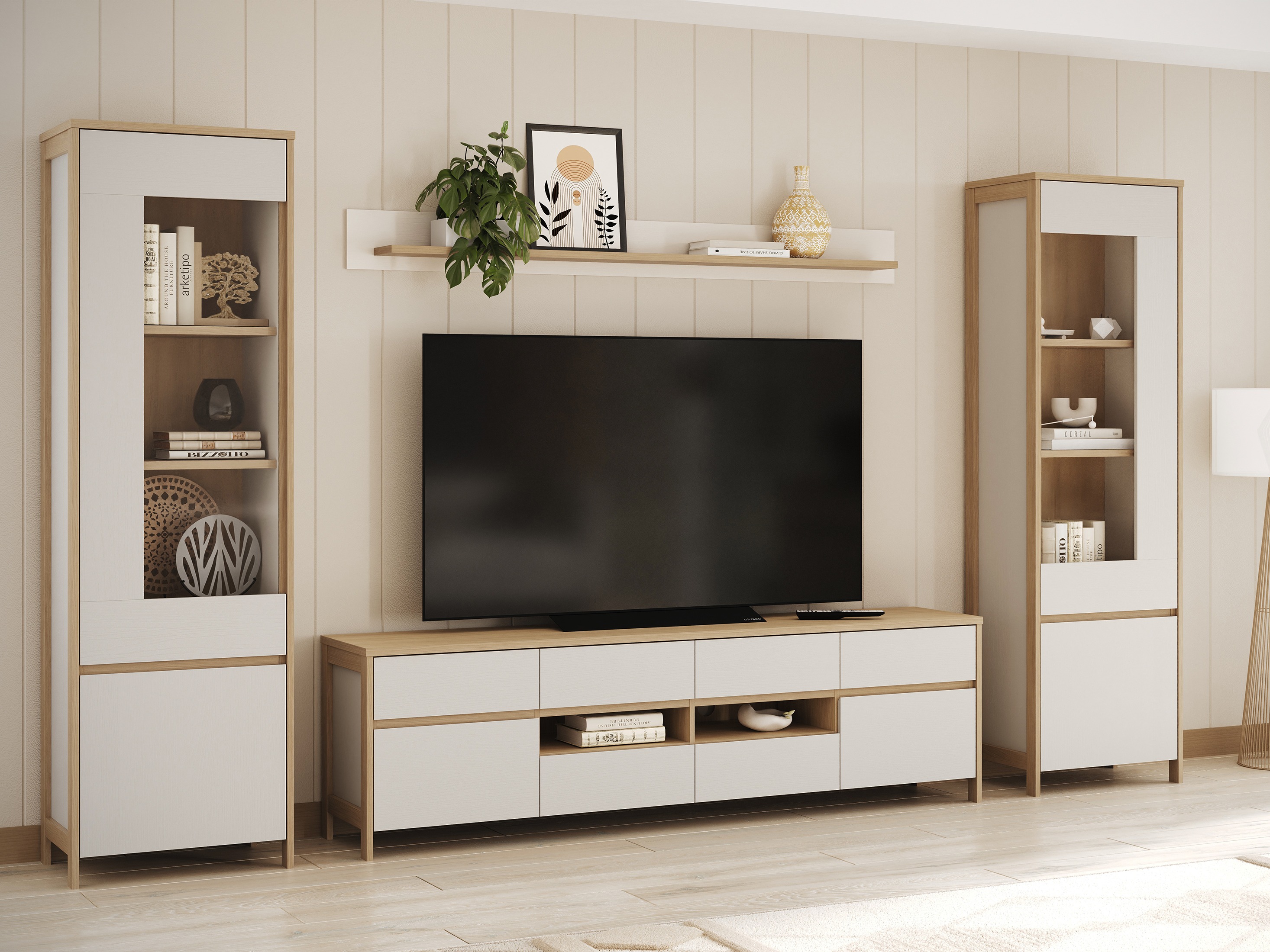 Wohnzimmer-Sets Fermaru 111 (Weiß + Eichenholzoptik)