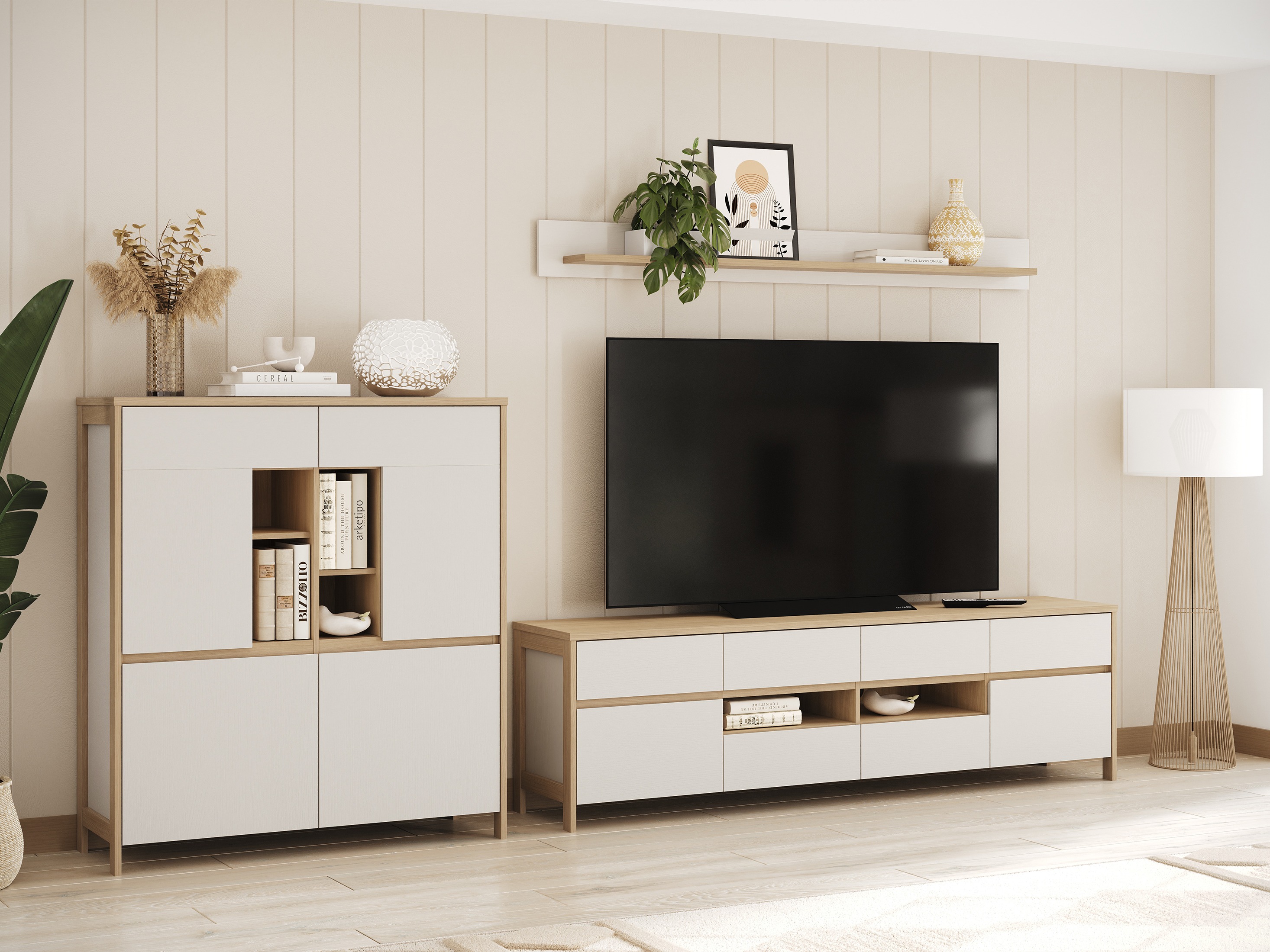 Wohnzimmer-Sets Fermaru 112 (Weiß + Eichenholzoptik)