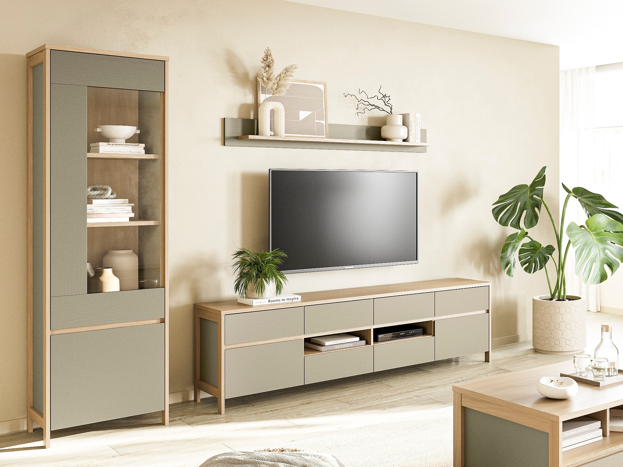 Wohnzimmer-Sets Fermaru 113 (Staubiges Grün + Eichenholzoptik)