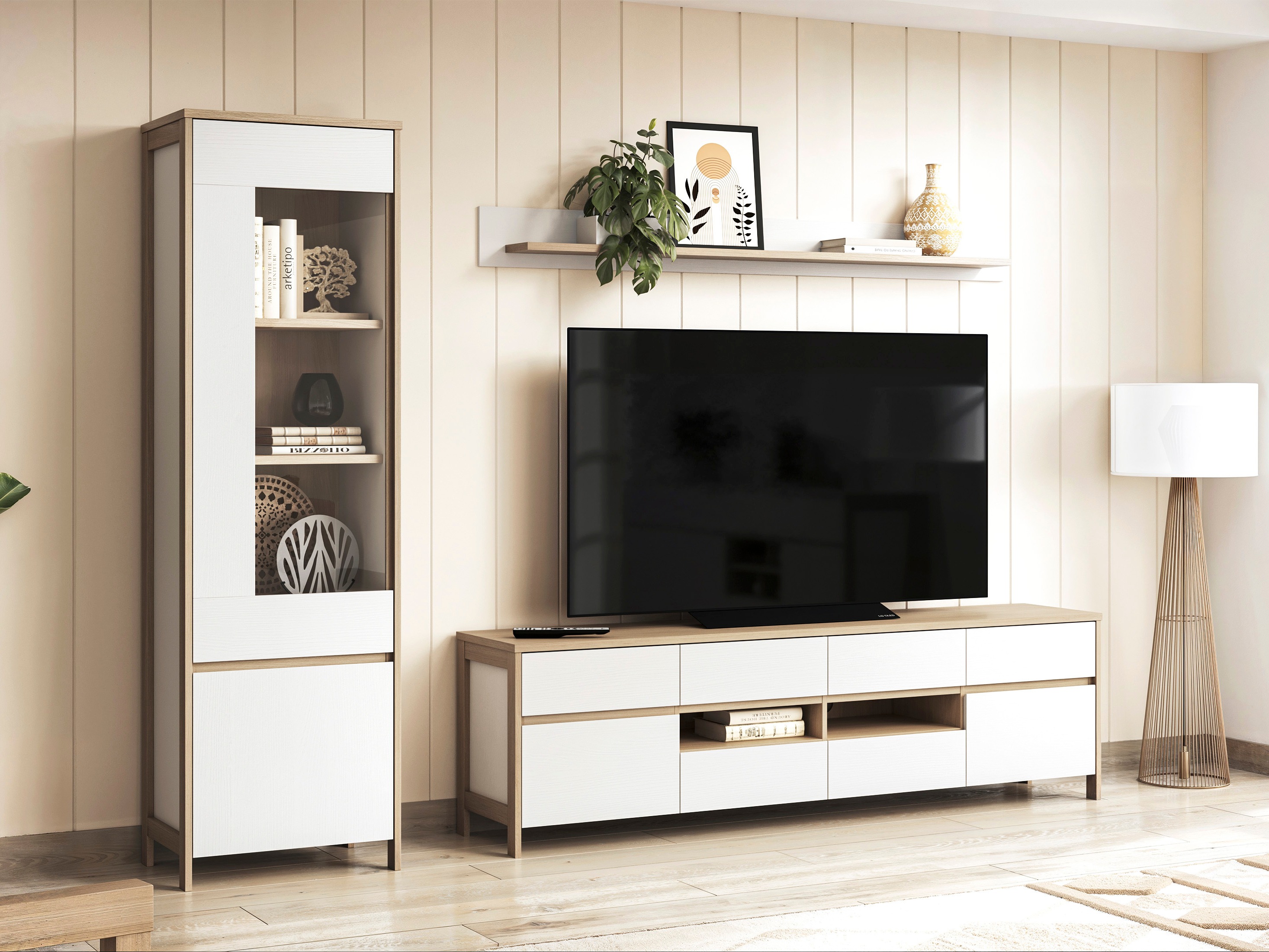 Wohnzimmer-Sets Fermaru 113 (Weiß + Eichenholzoptik)