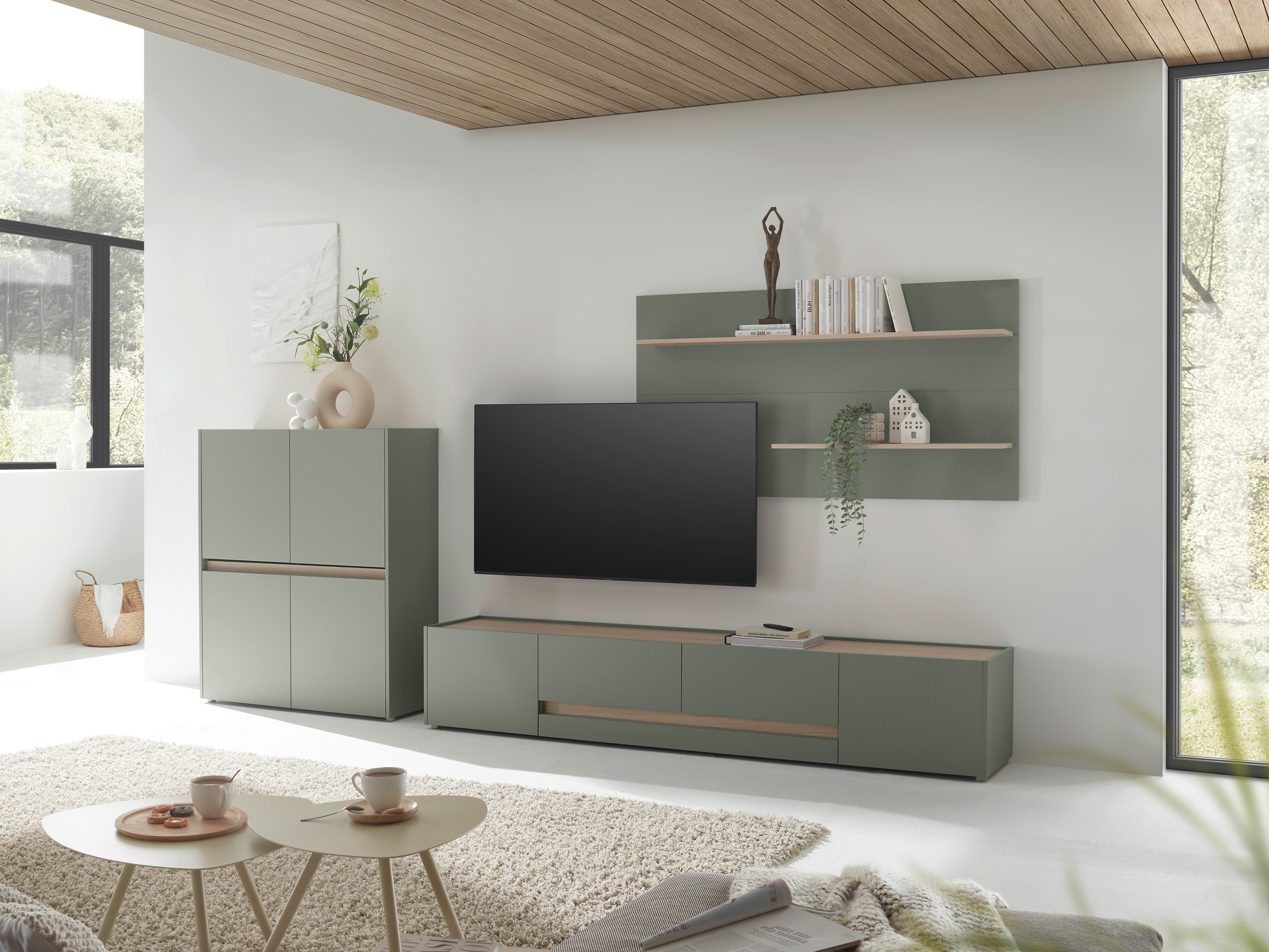 Wohnzimmer-Sets Elbsori 127 (Grün + Eichenholzoptik)
