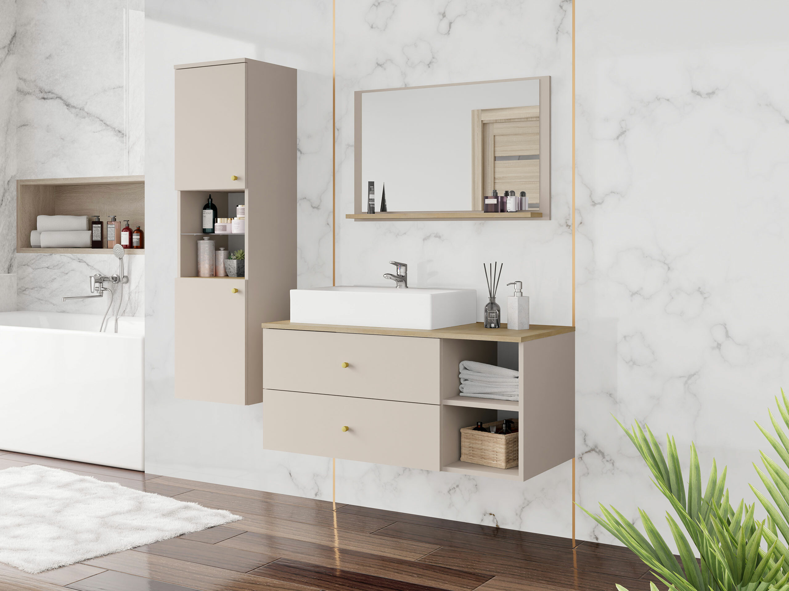 Badezimmer-Set Salus II (Kaschmir + Eichenholzoptik)