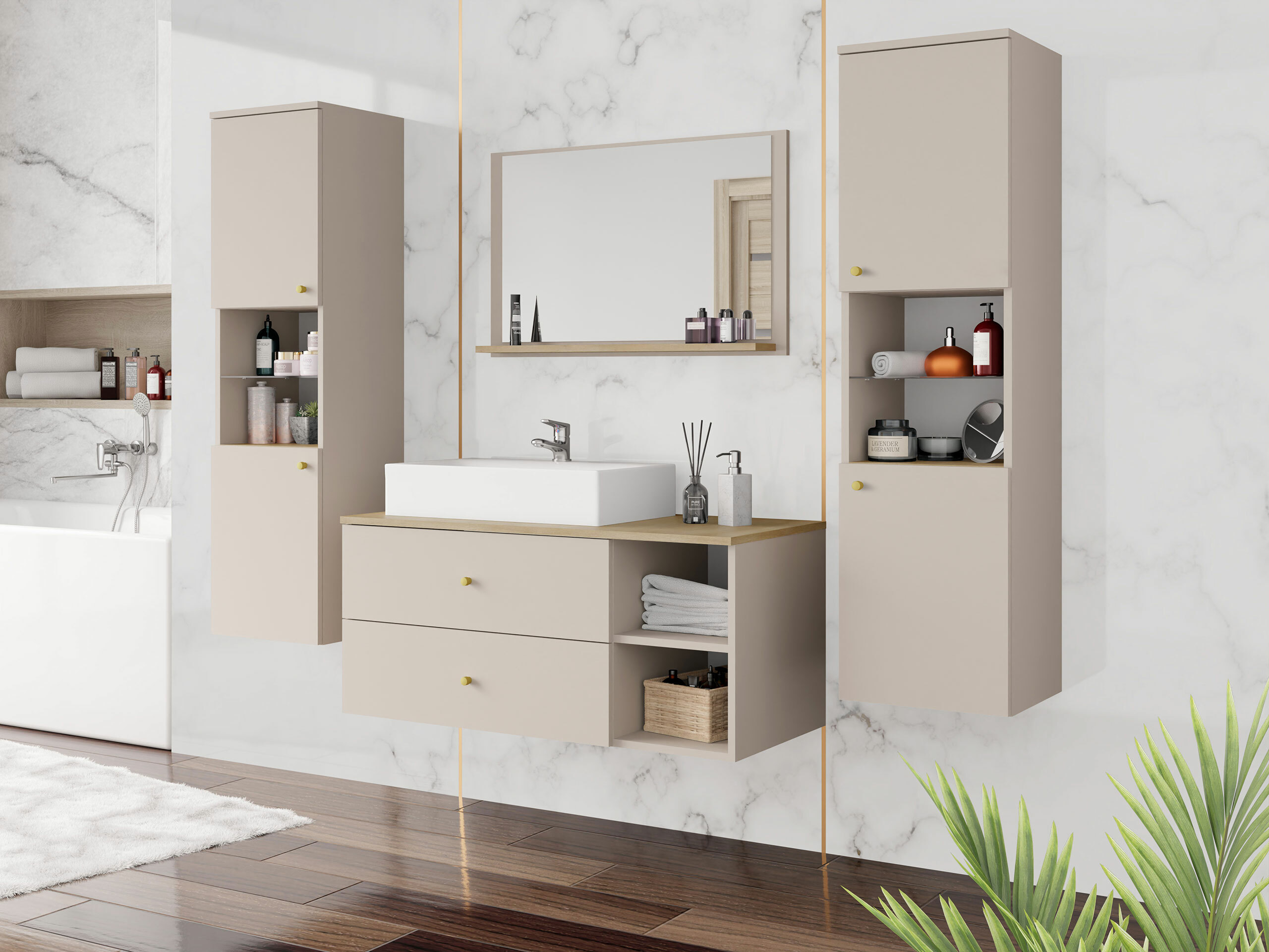 Badezimmer-Set Salus III (Kaschmir + Eichenholzoptik)