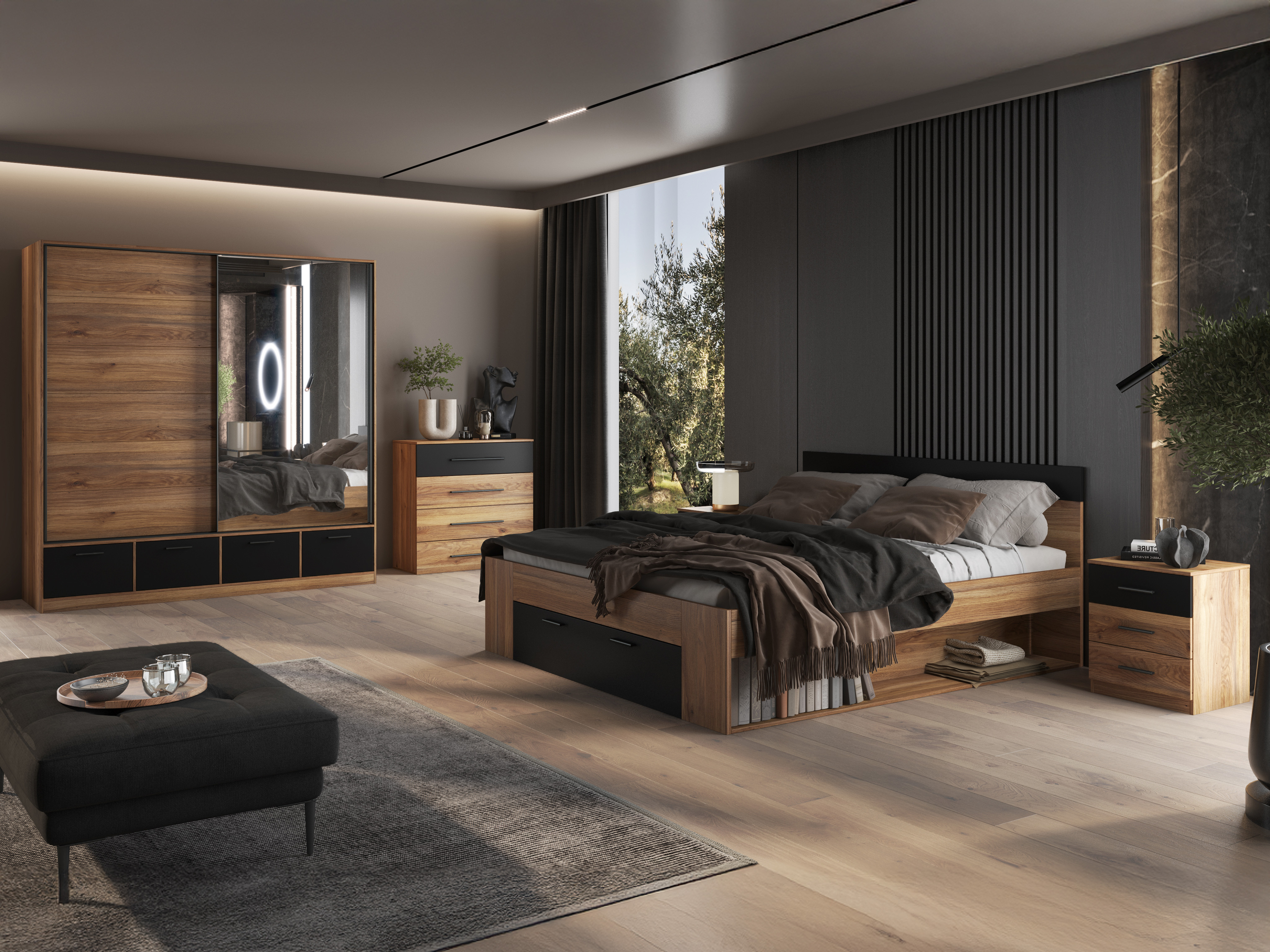 Bett Melvele 108 (Eichenholzoptik + Schwarz)