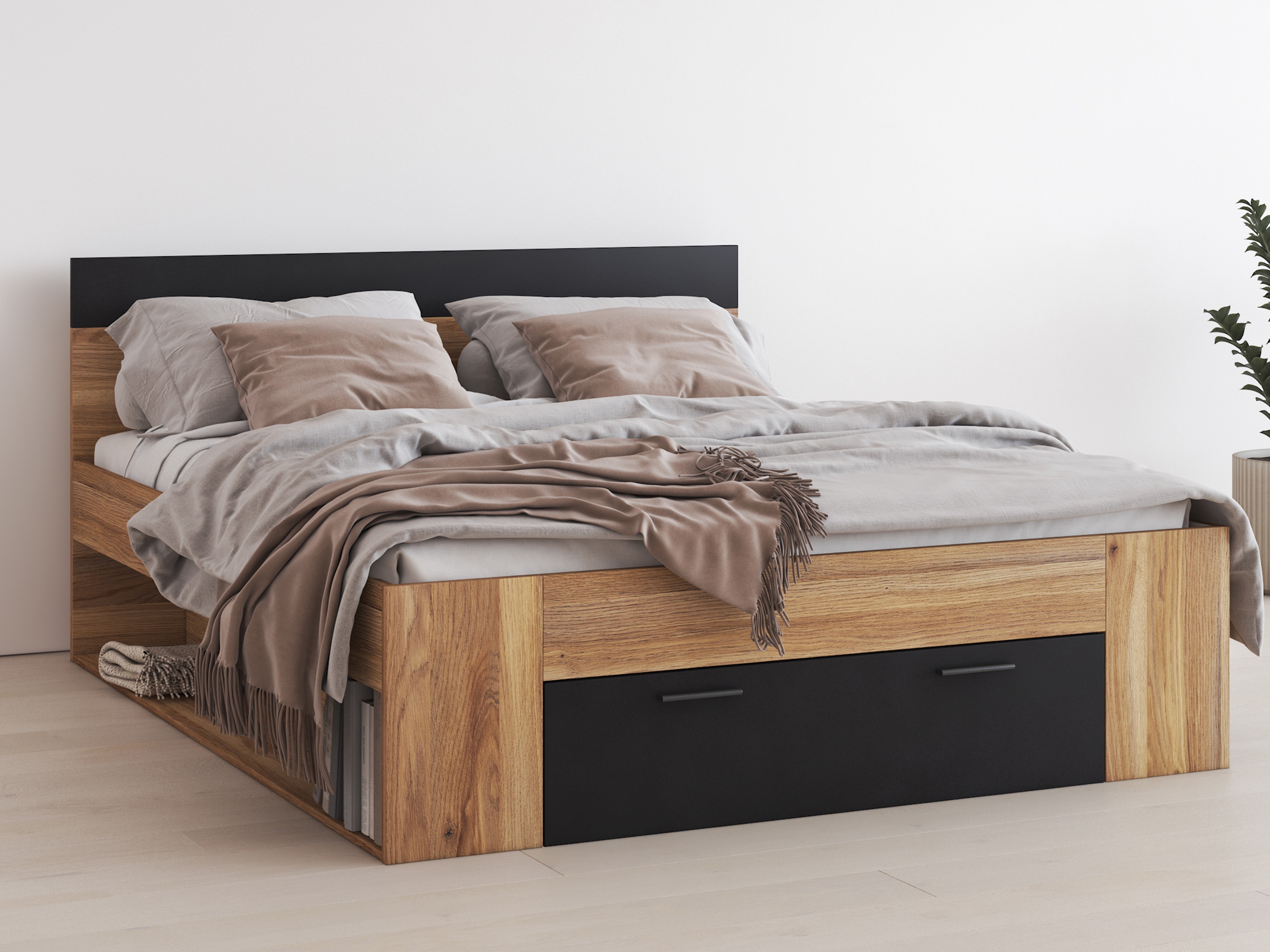 Bett Melvele 108 (Eichenholzoptik + Schwarz)