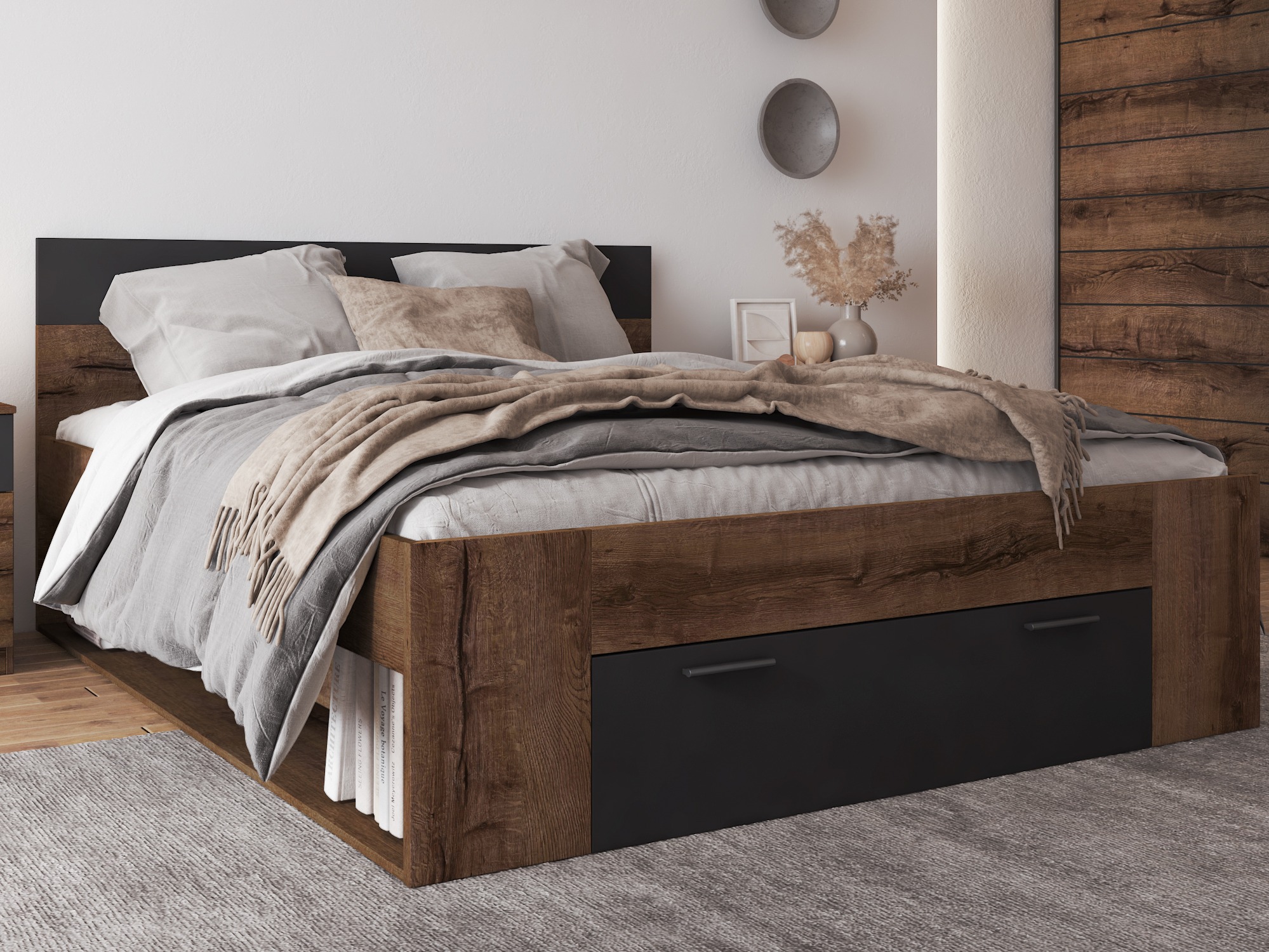 Bett Melvele 108 (Monastery Eichenholzoptik + Schwarz)