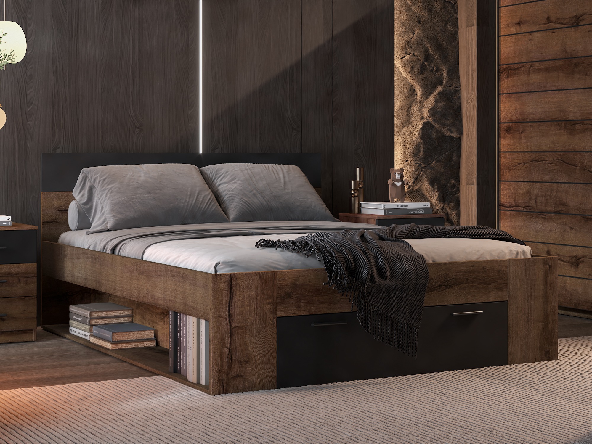 Bett Melvele 108 (Monastery Eichenholzoptik + Schwarz)