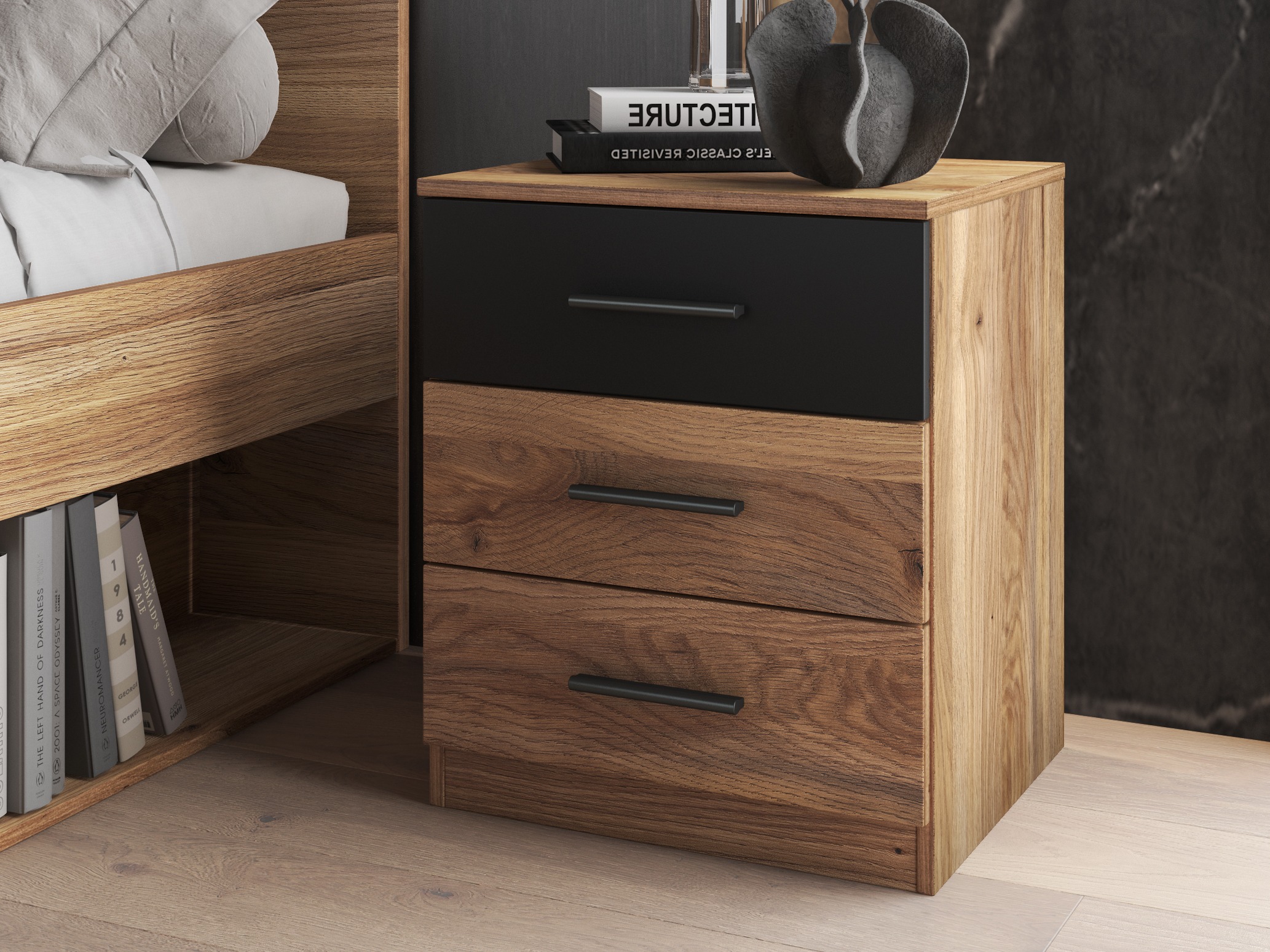 Nachttisch Melvele 100 (Eichenholzoptik + Schwarz)