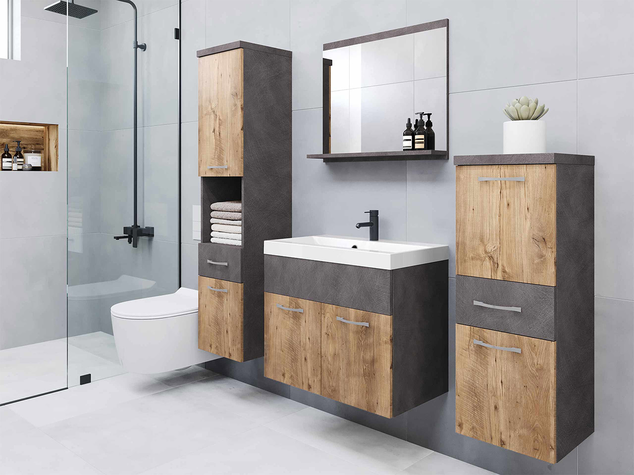 Badezimmer-Set Sarasota 109 (Matera grau + Kastanienholzoptik)