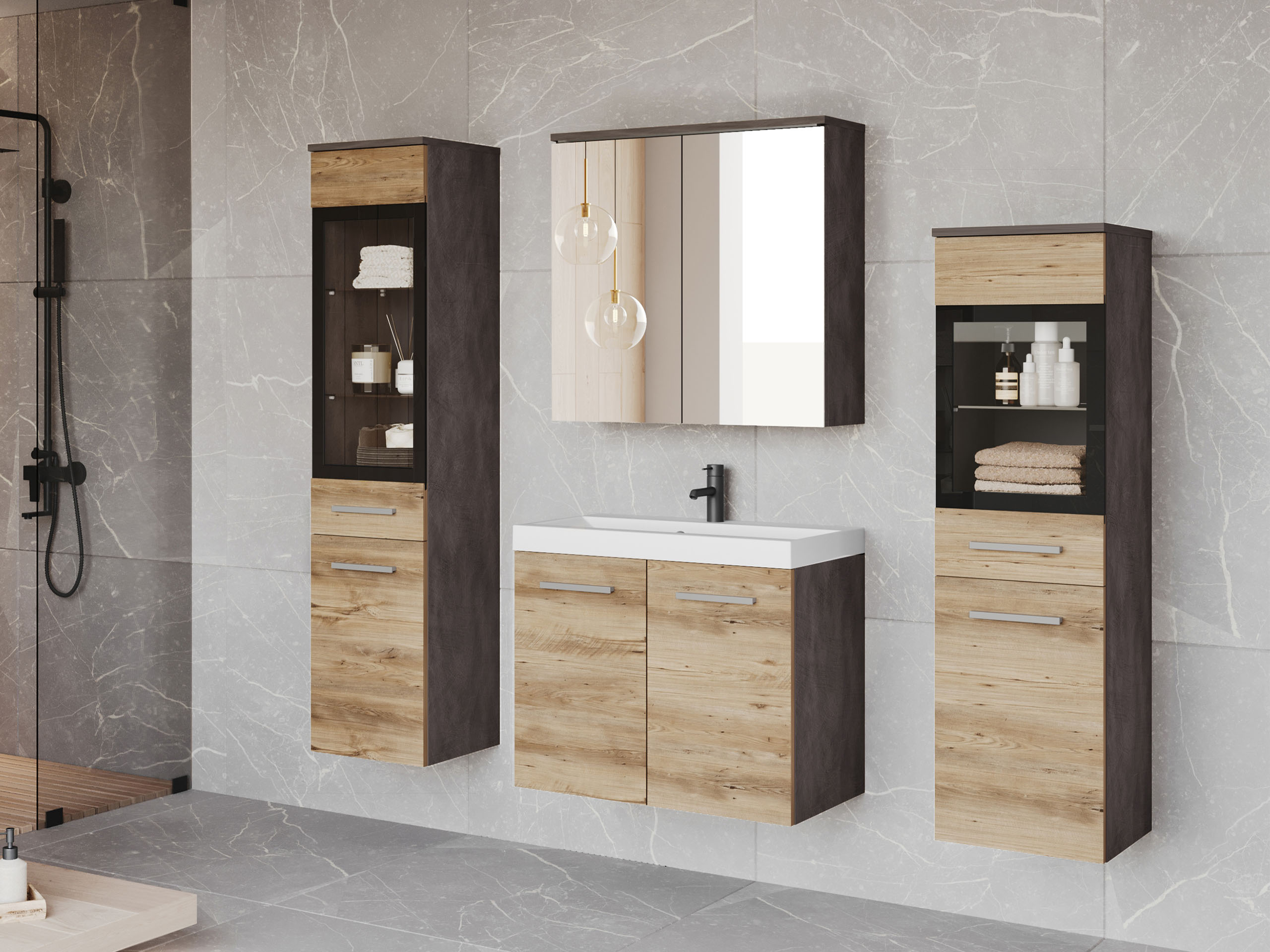 Badezimmer-Set Sarasota 140 (Matera grau + Kastanienholzoptik)