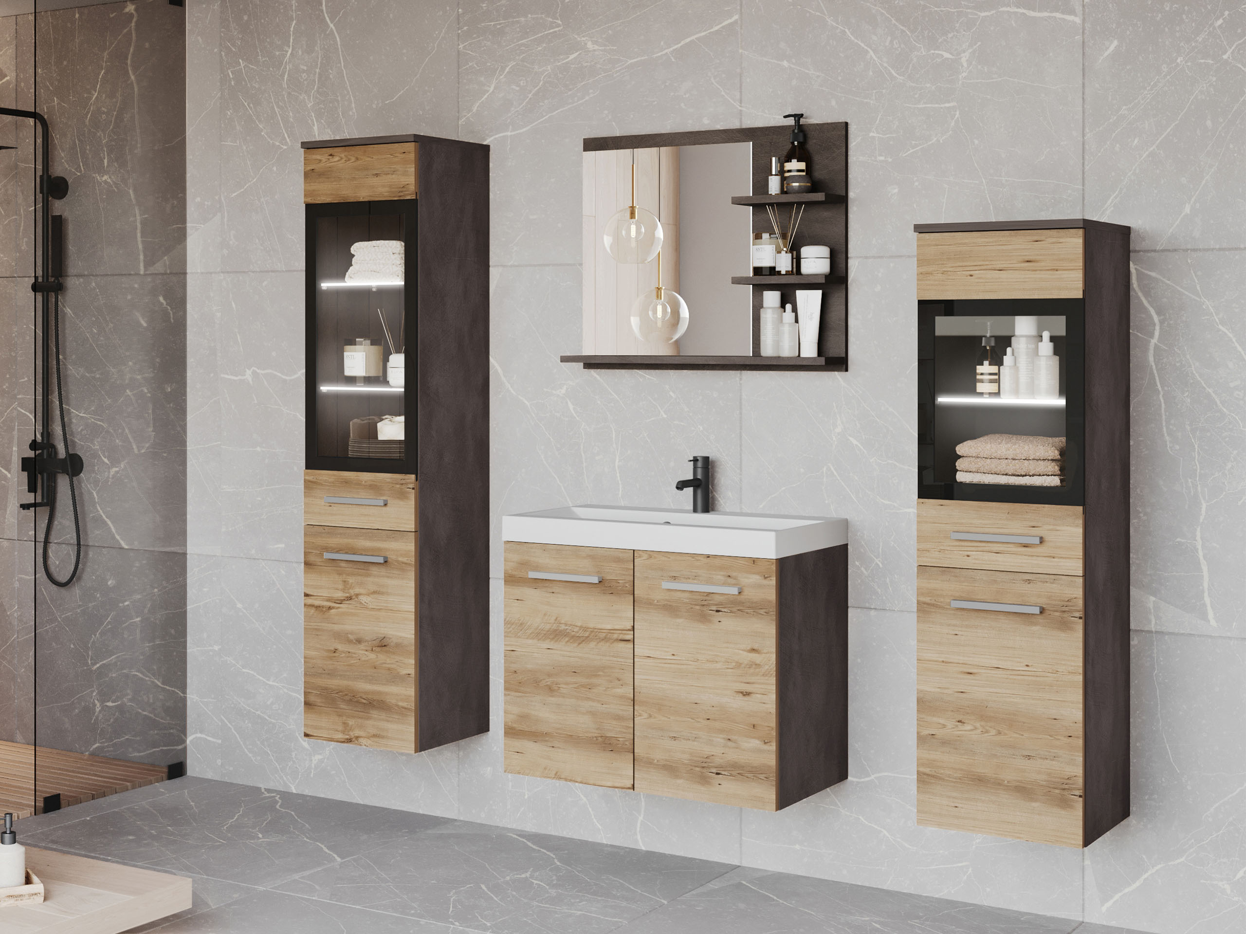 Badezimmer-Set Sarasota 141 (Matera grau + Kastanienholzoptik)