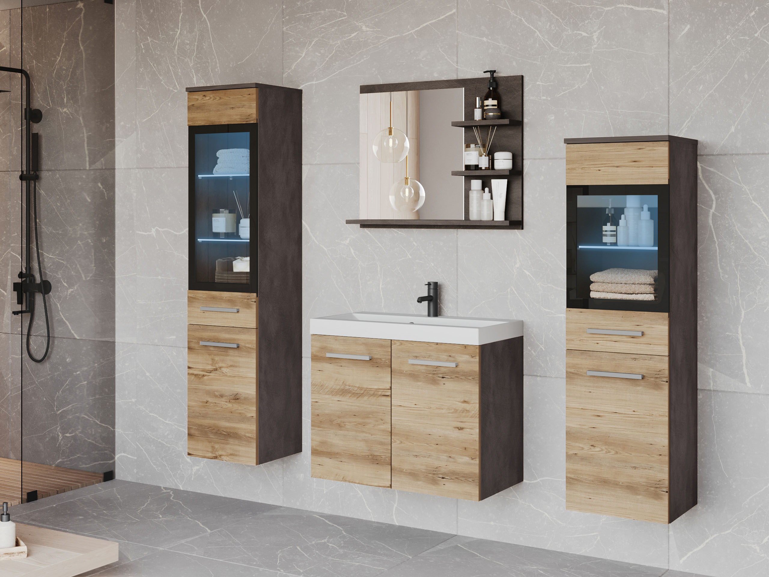 Badezimmer-Set Sarasota 141 (Matera grau + Kastanienholzoptik)
