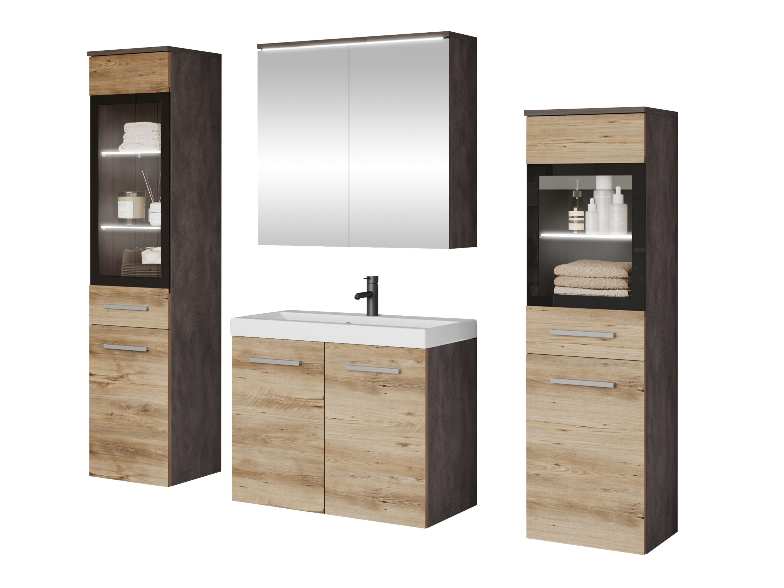 Badezimmer-Set Scientia III (Matera grau + Kastanienholzoptik)