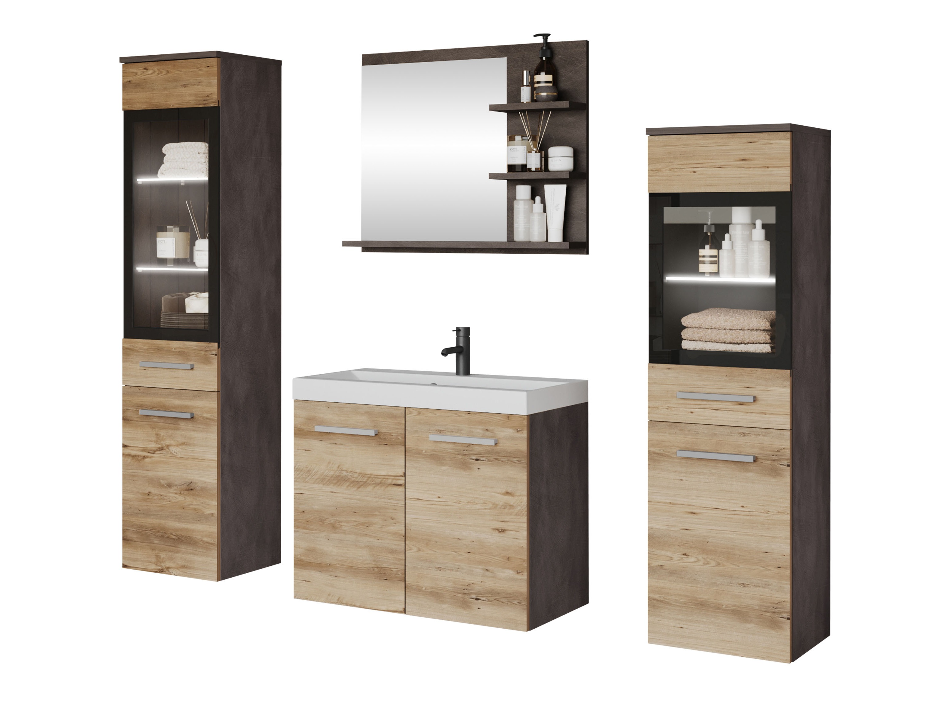 Badezimmer-Set Scientia IV (Matera grau + Kastanienholzoptik)