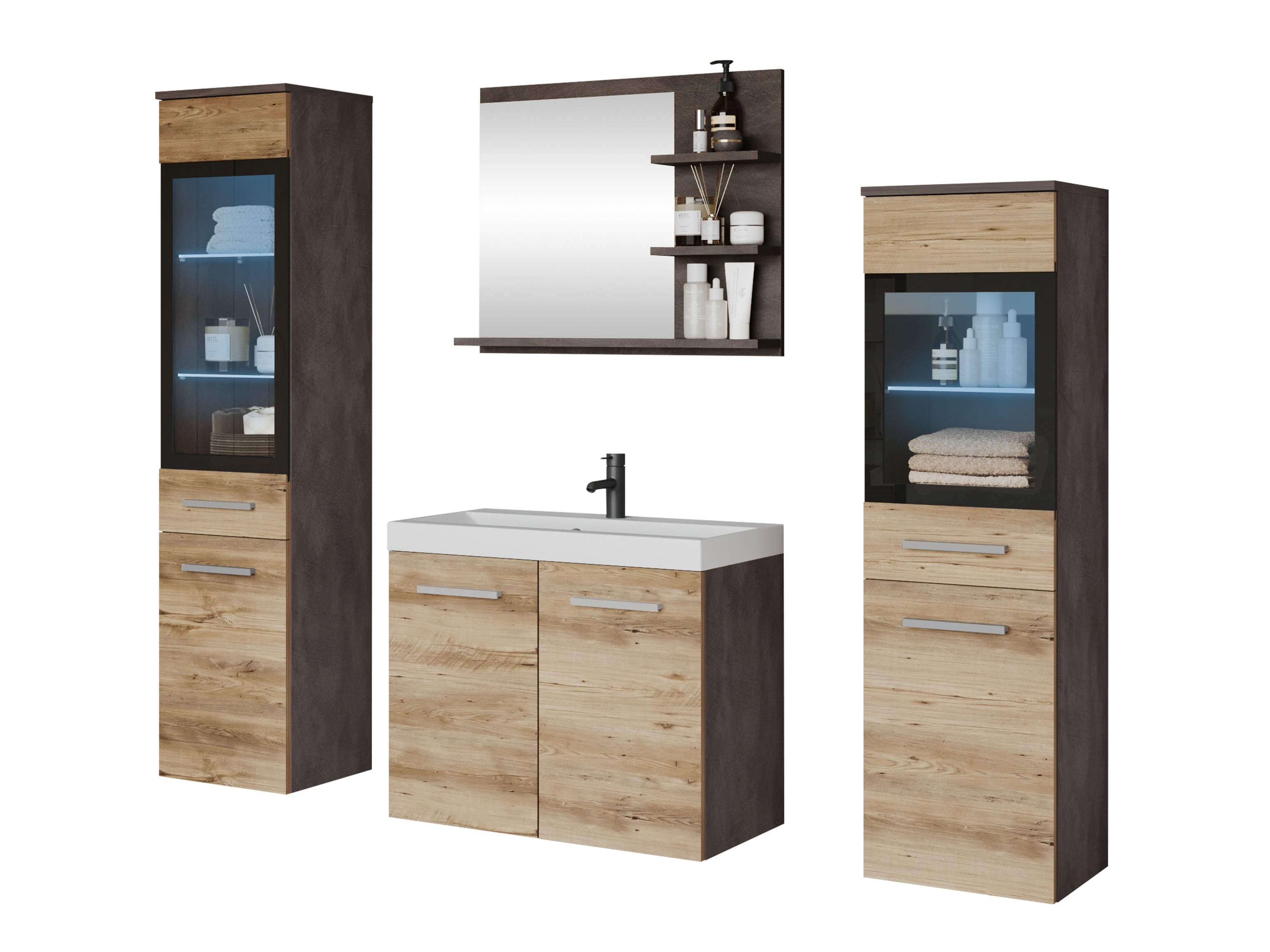Badezimmer-Set Scientia IV (Matera grau + Kastanienholzoptik)
