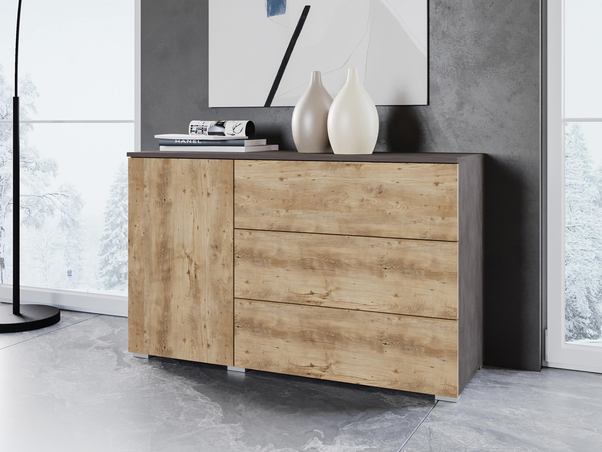 Kommoden Sarasota 128 (Matera grau + Kastanienholzoptik)